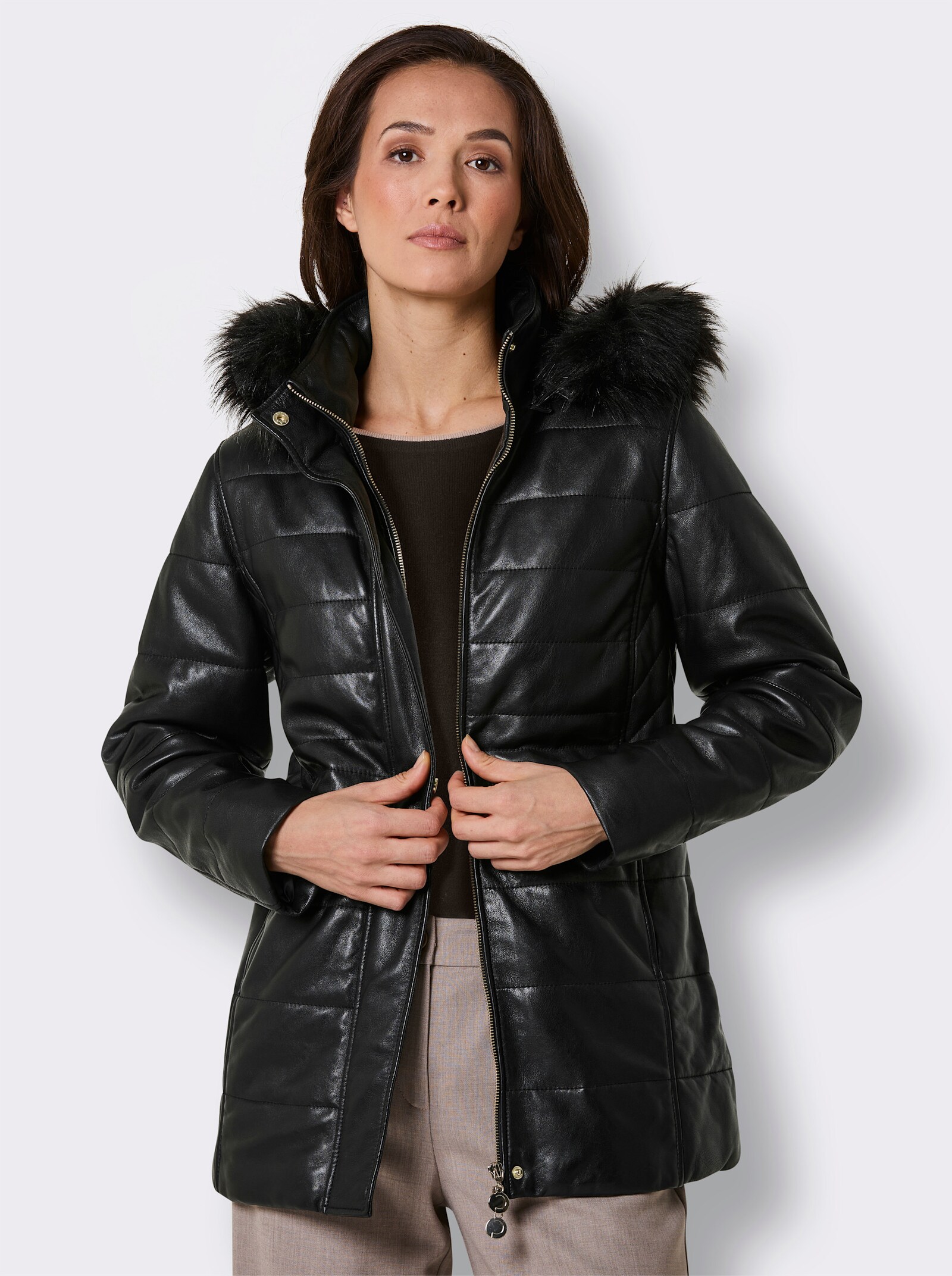 Mainpol Lederjacke mit Kapuze, abnehmbar - schwarz