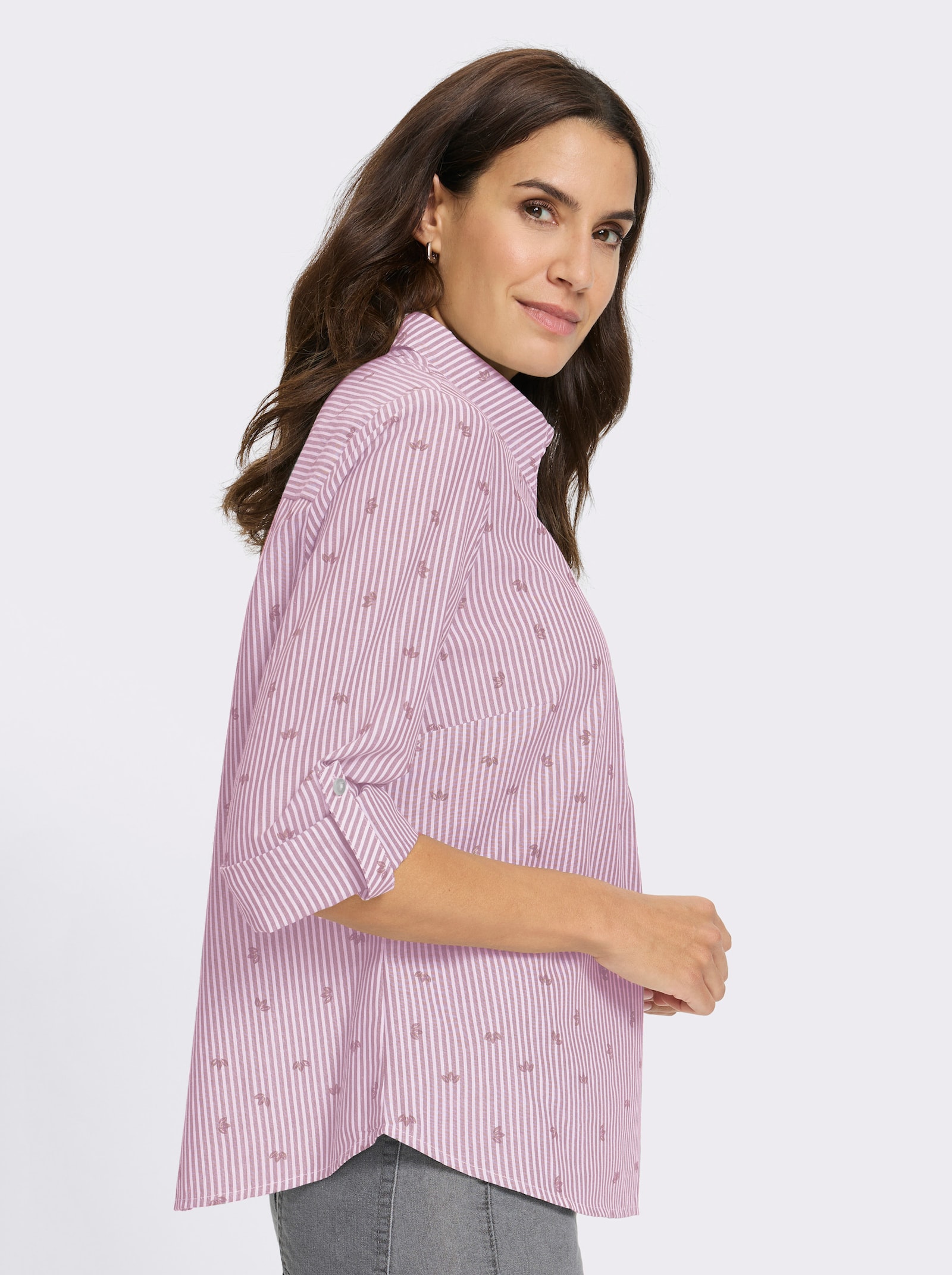 Baumwollbluse mit Krempel-Ärmeln - hortensie-gestreift