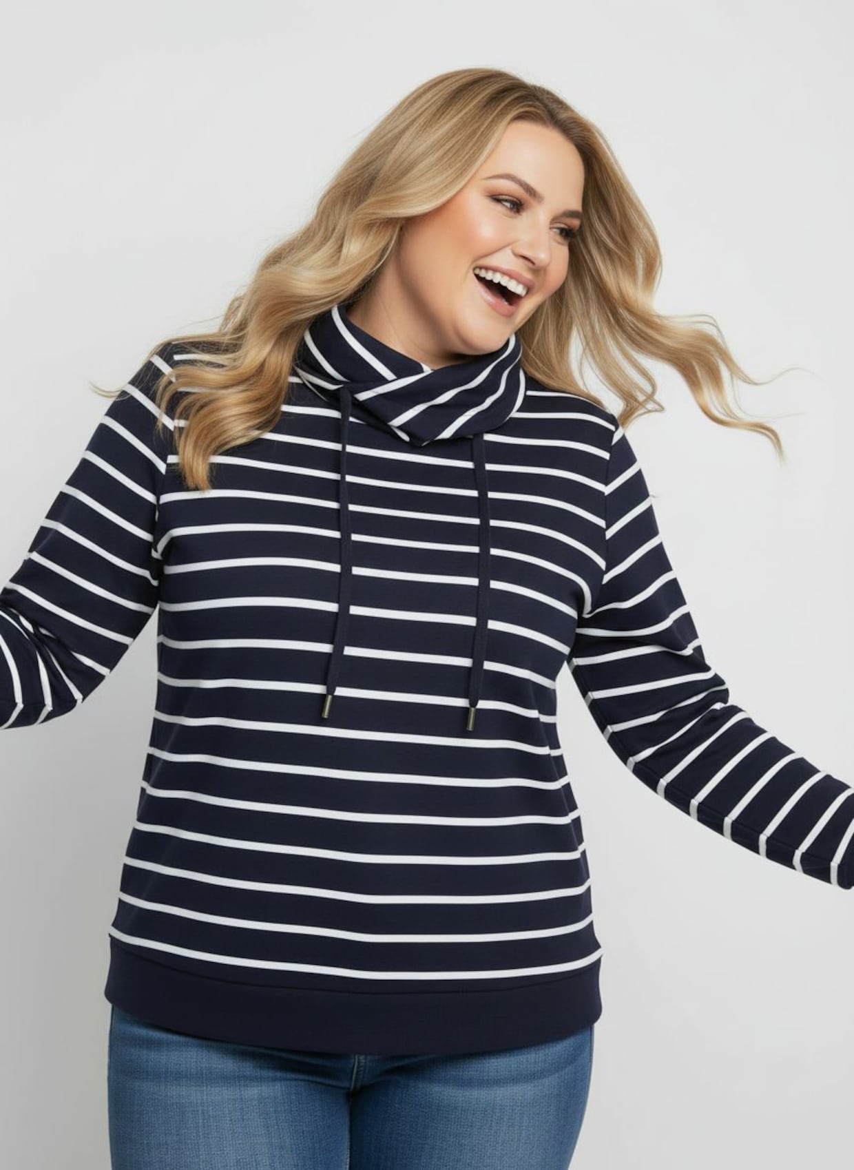 Sweatshirt mit überlappendem Rollkragen - marine-weiß-geringelt