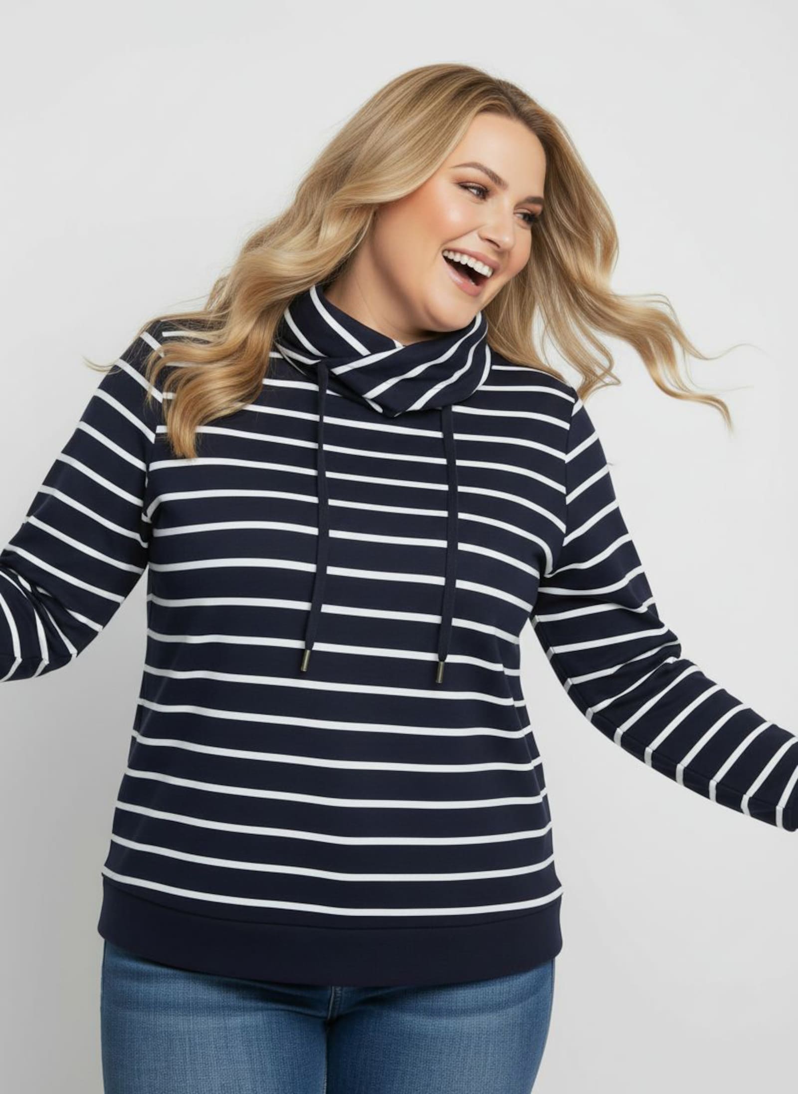 Sweatshirt mit überlappendem Rollkragen - marine-weiß-geringelt