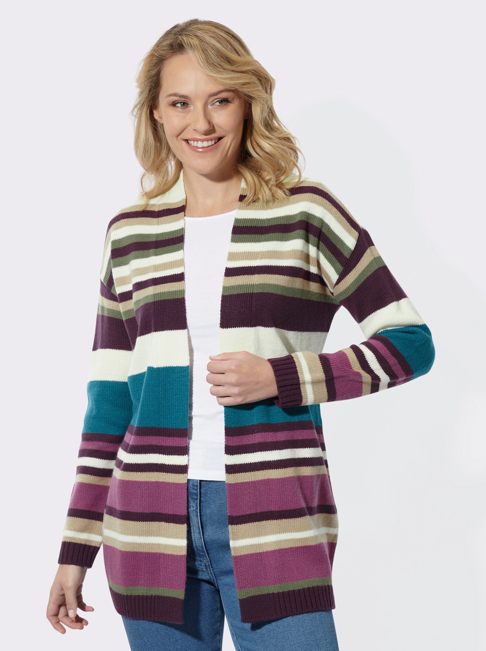 Longstrickjacke im Streifenmuster - aubergine-violett-geringelt