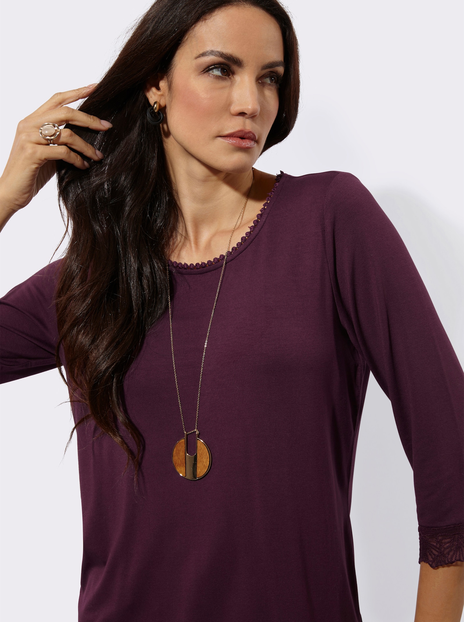 3/4-Arm-Shirt mit Spitzenverzierung - burgund