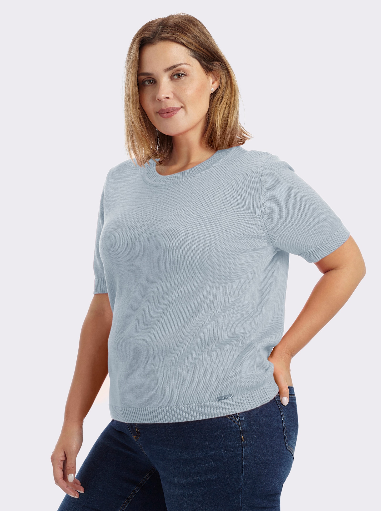 Kurzarmpullover mit Rippabschlüssen - eisblau