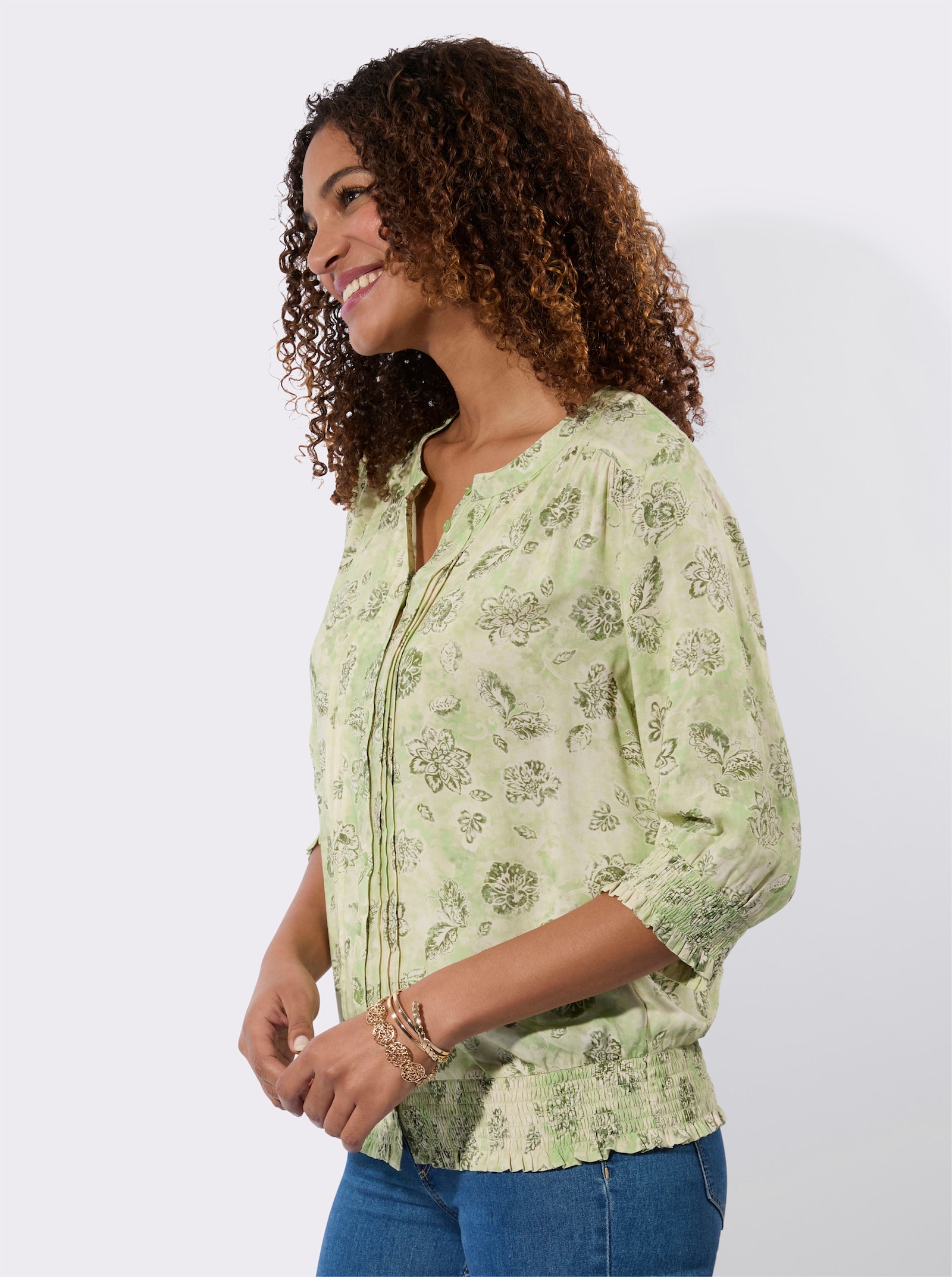 Druckbluse mit gesmokten Abschlüssen - lindgrün-bedruckt