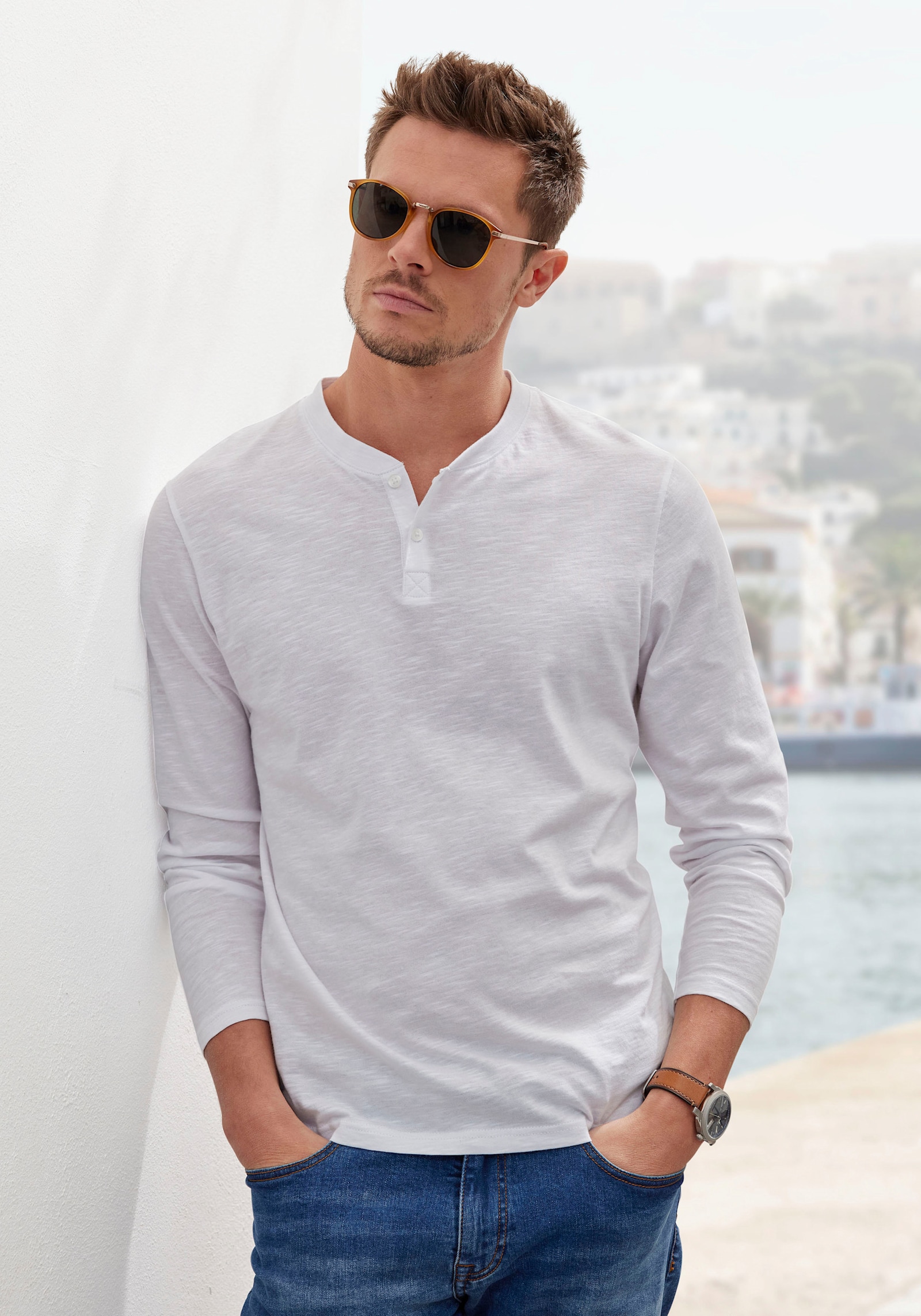 H.I.S Langarmshirt - hellblau / weiß