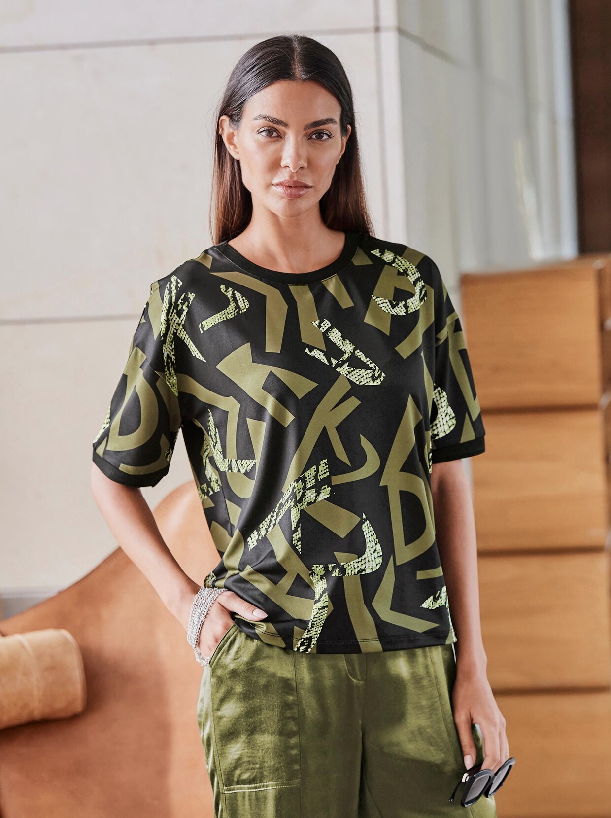 Rick Cardona Druck-Shirt - schwarz-oliv-bedruckt