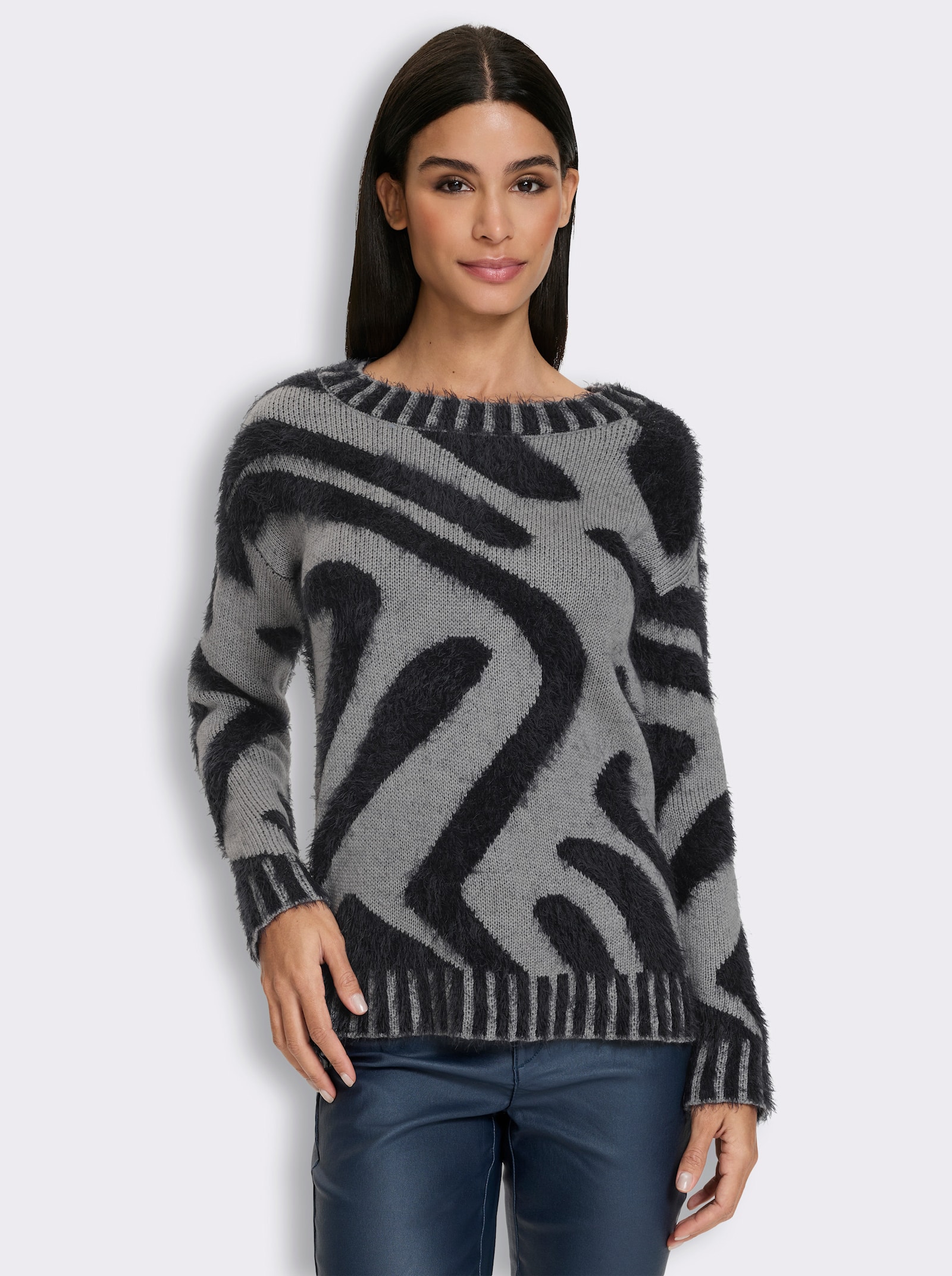 heine Jacquard-Pullover mit U-Boot-Ausschnitt - steingrau-schwarz-gemustert