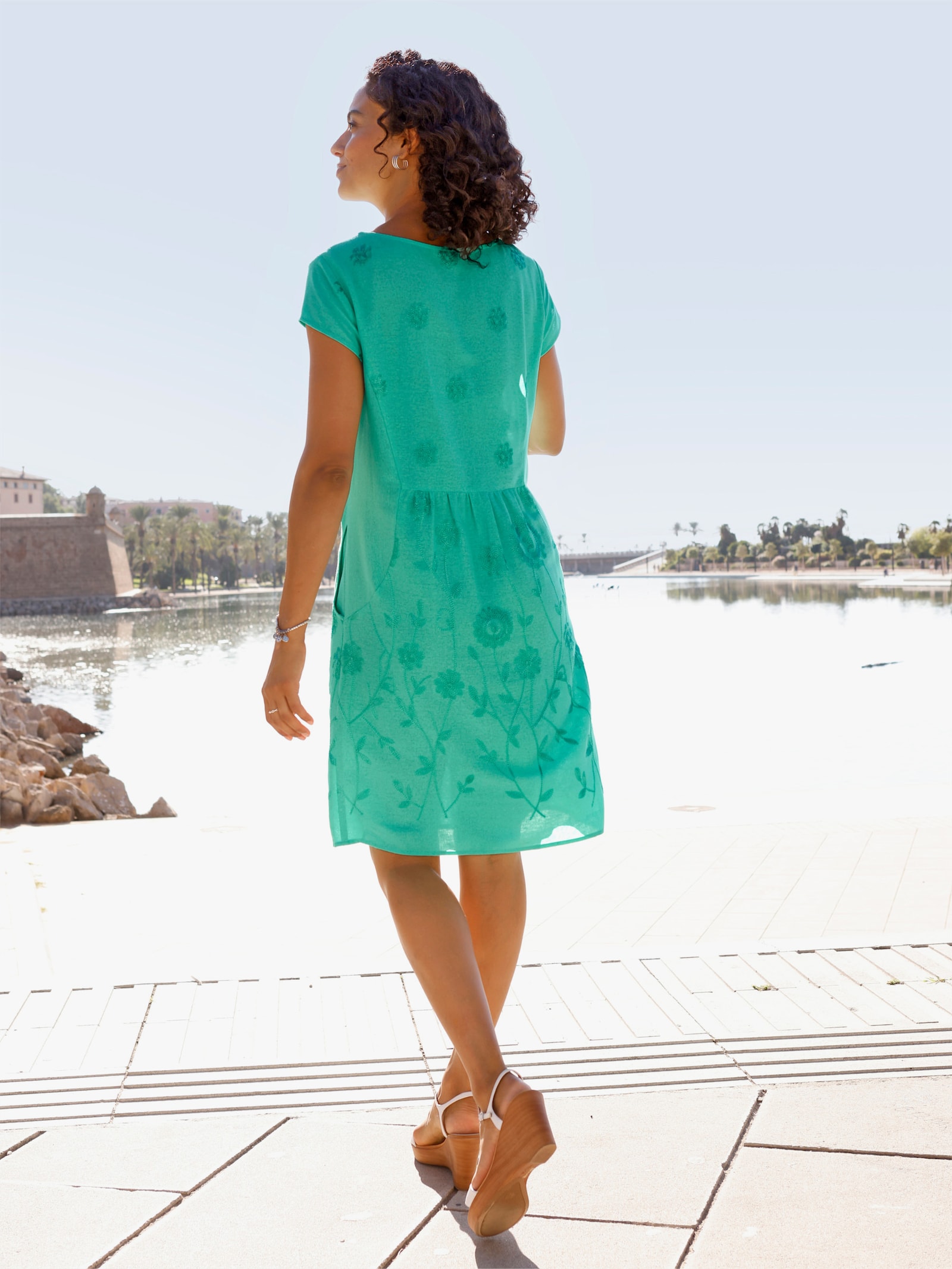 Webkleid in Viskose-Leinen-Mischung - blaugrün