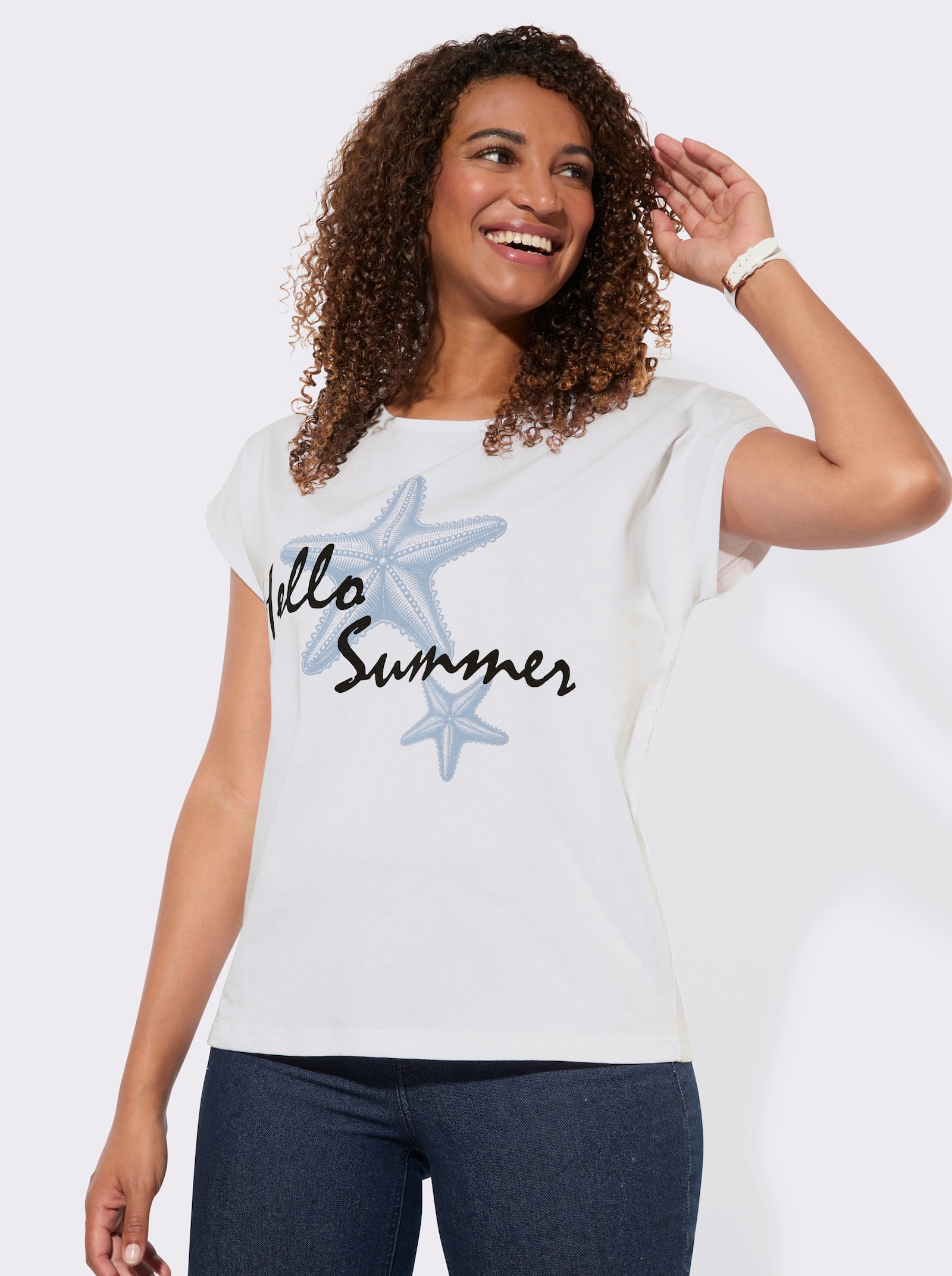 Shirt mit Schriftzug - weiß-marine-bedruckt
