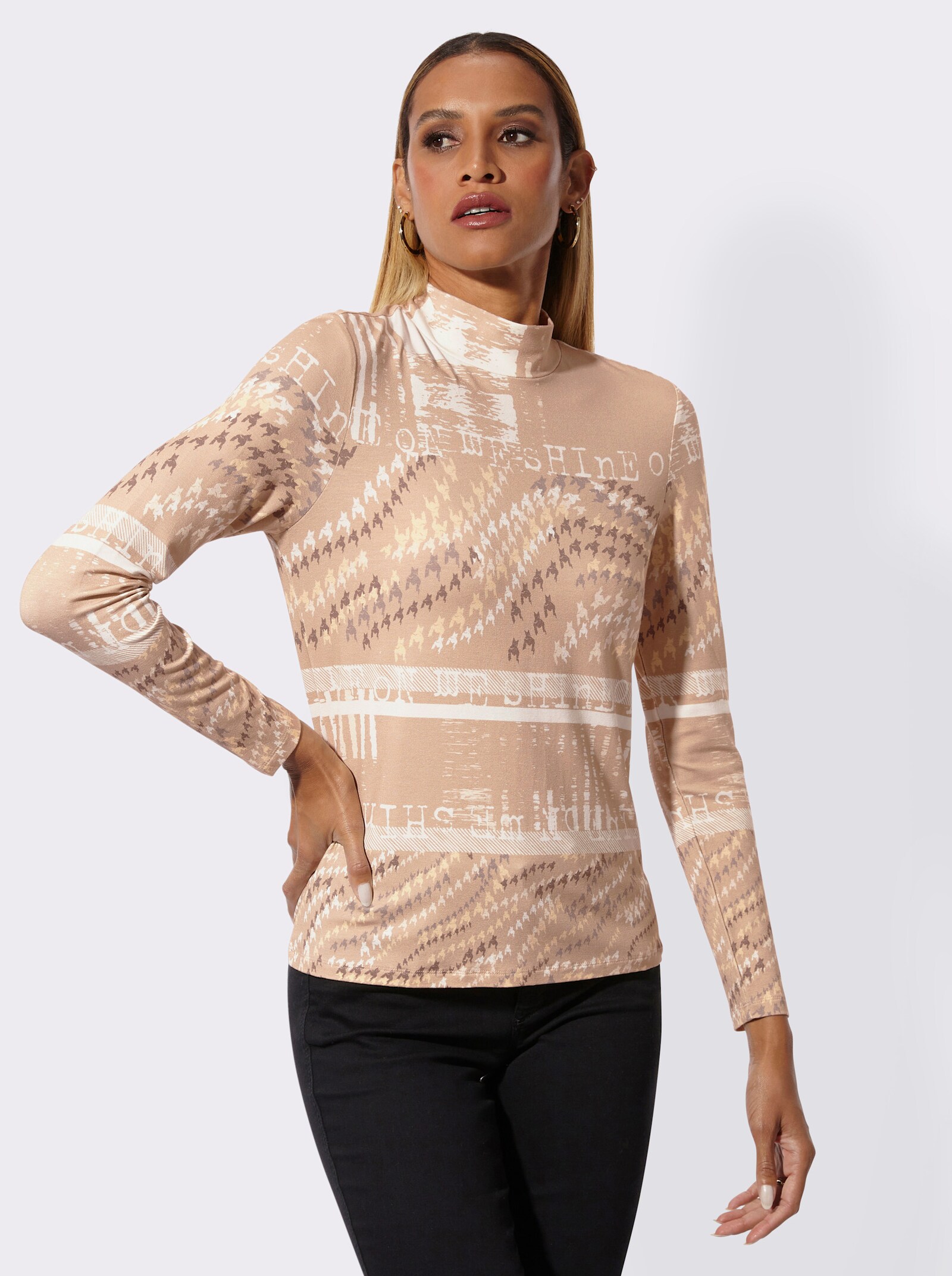 Stehkragenshirt - beige-vanille-bedruckt