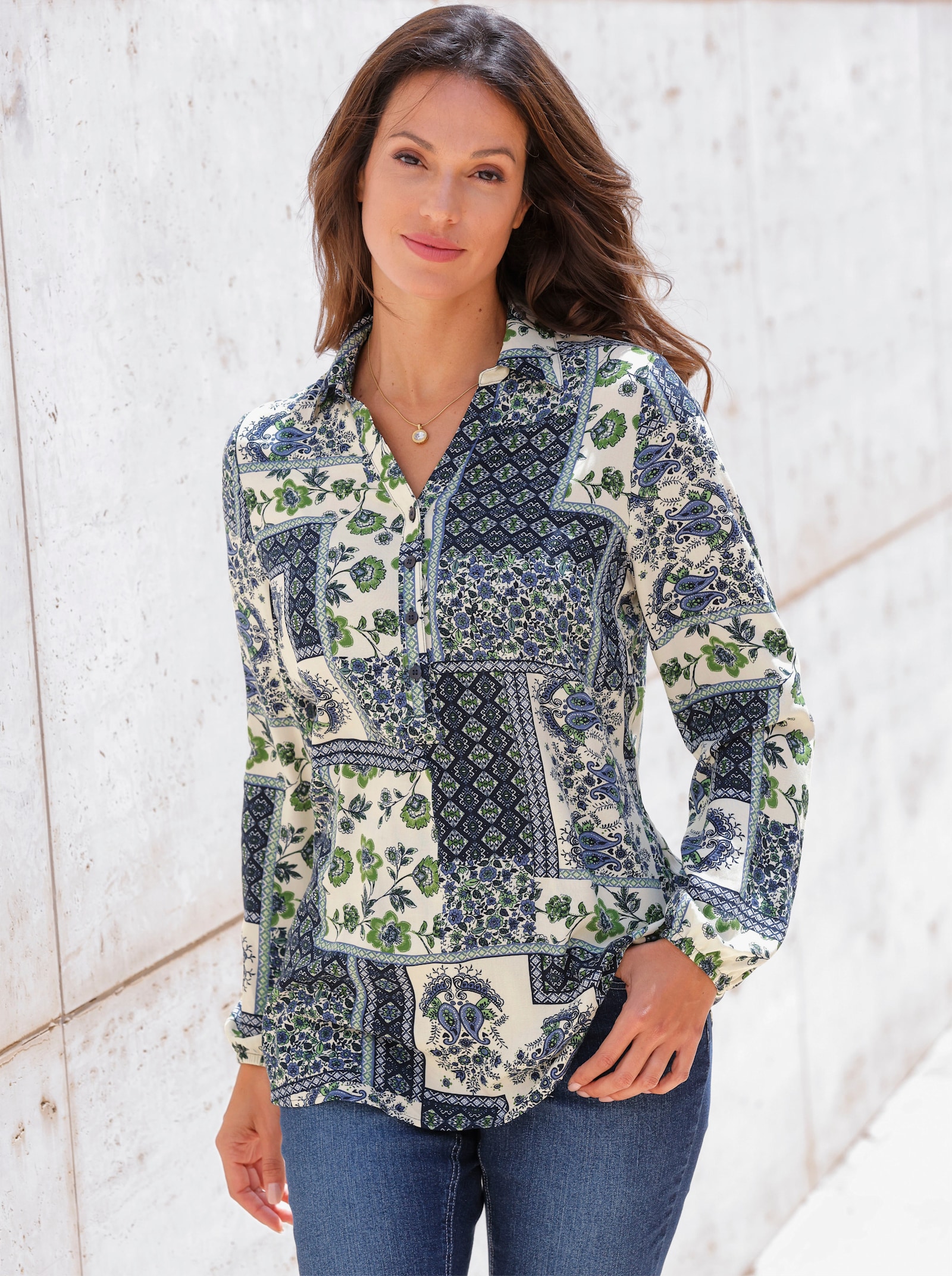 Longbluse im Patchwork-Muster - marine-champagner-bedruckt