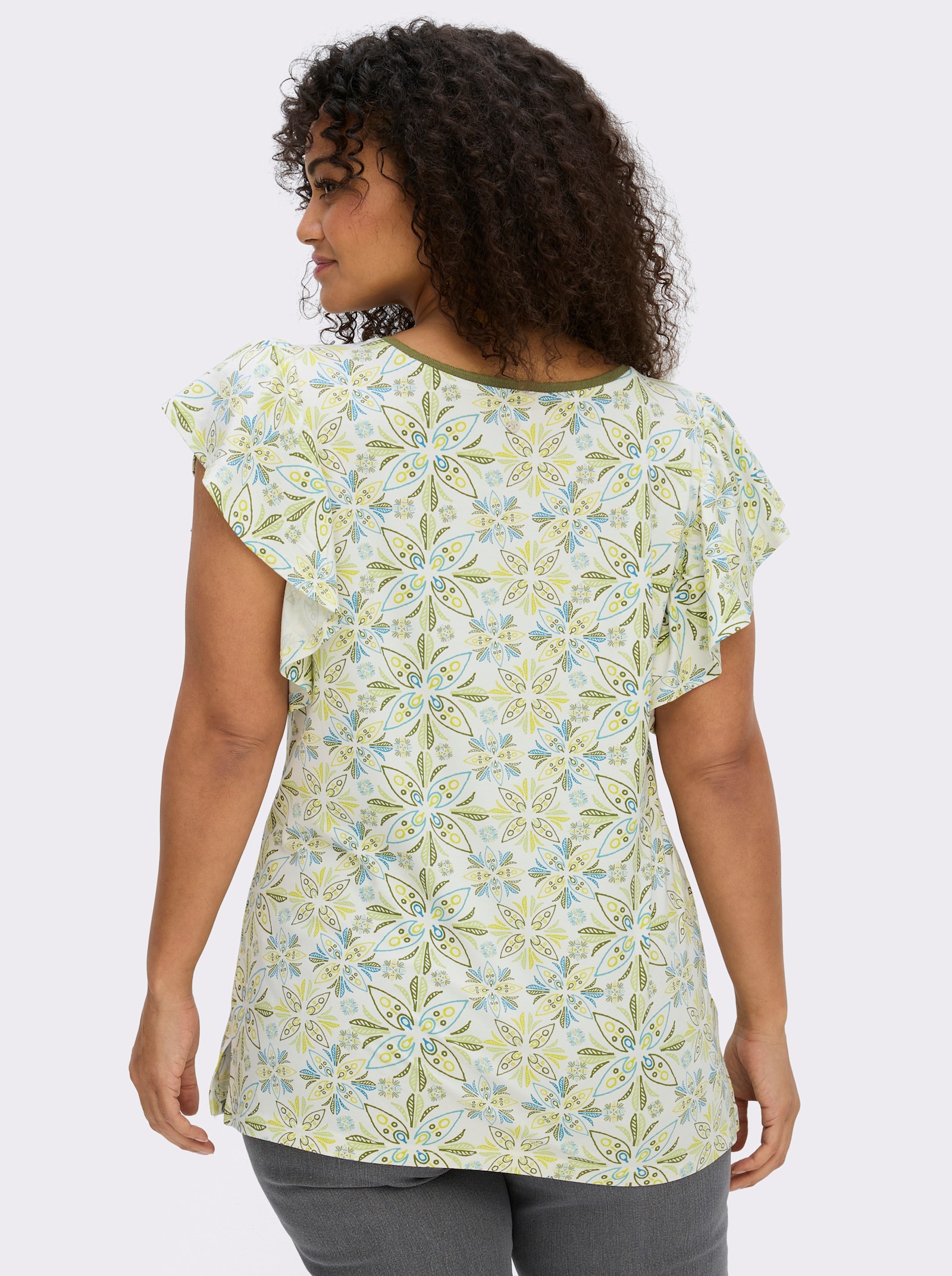 sheego V-Shirt mit Flügelärmeln und Blumenprint - ecru-topas-bedruckt
