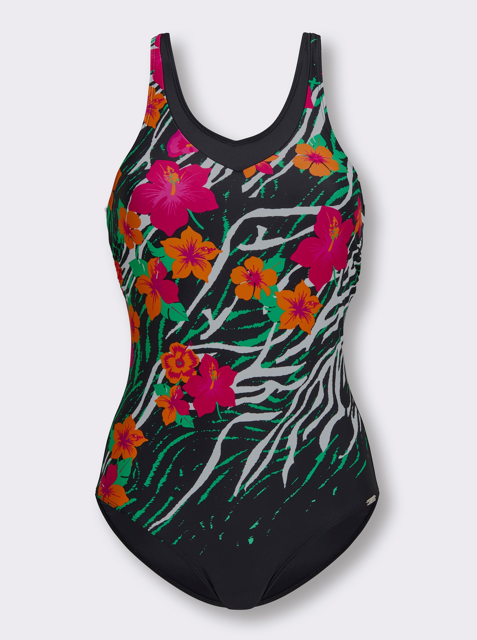 feel good Badeanzug im Farbkontrast - schwarz-fuchsia-bedruckt