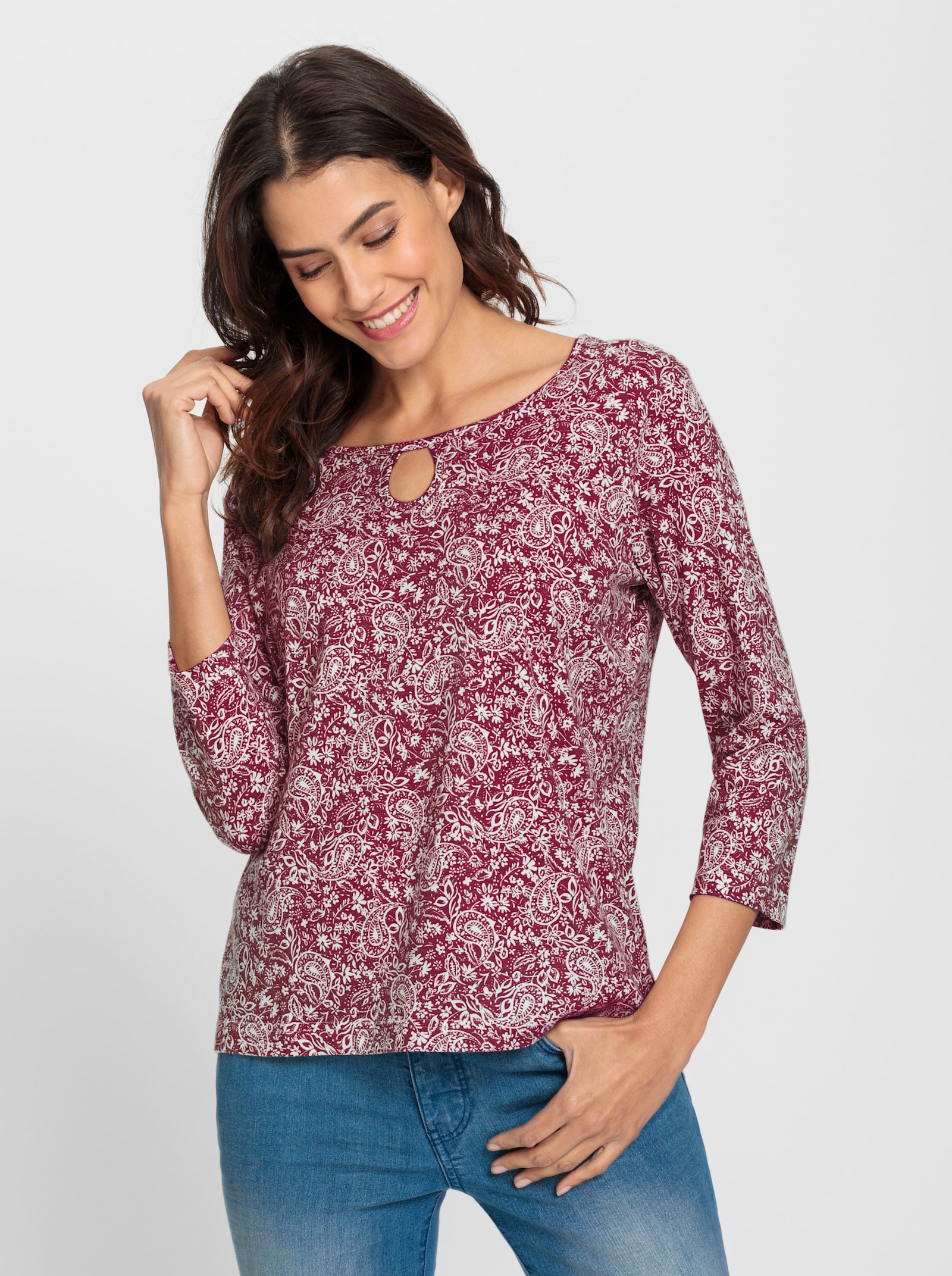 Print-Shirt mit Ausschnitt mit Schlitz - bordeaux-bedruckt