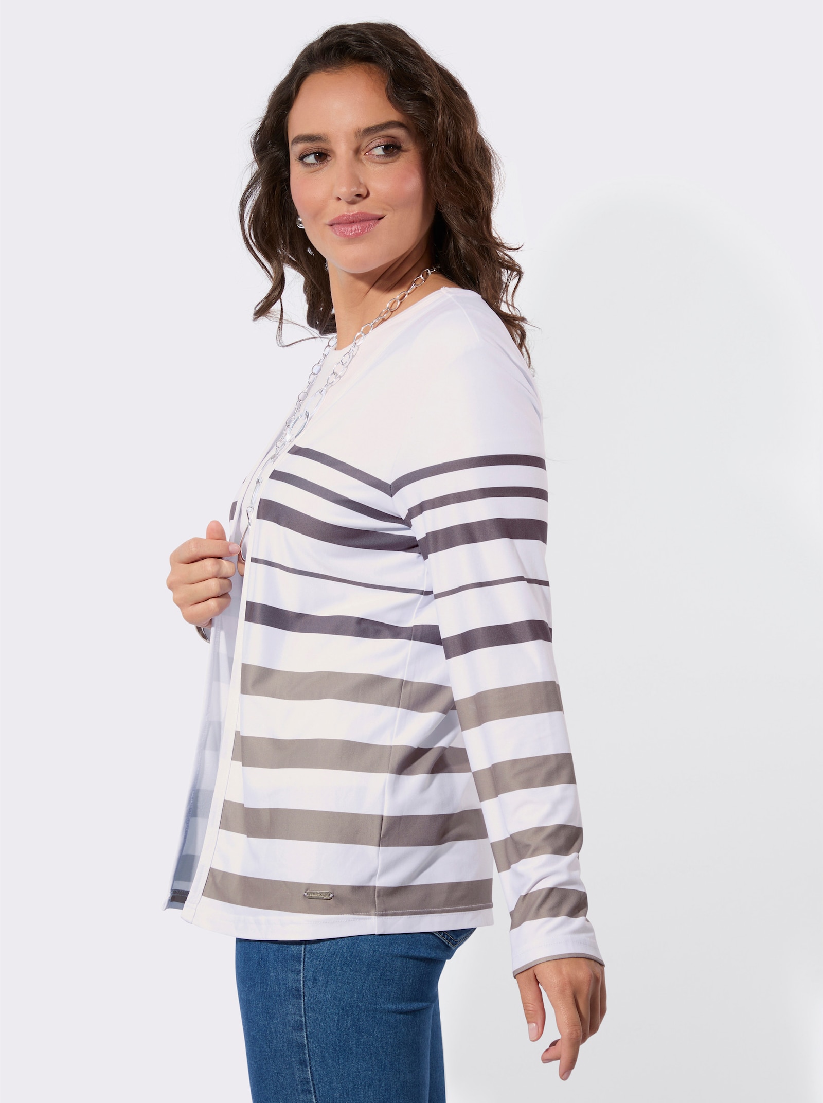 Shirtjasje met streepdessin - sesam/wit gestreept