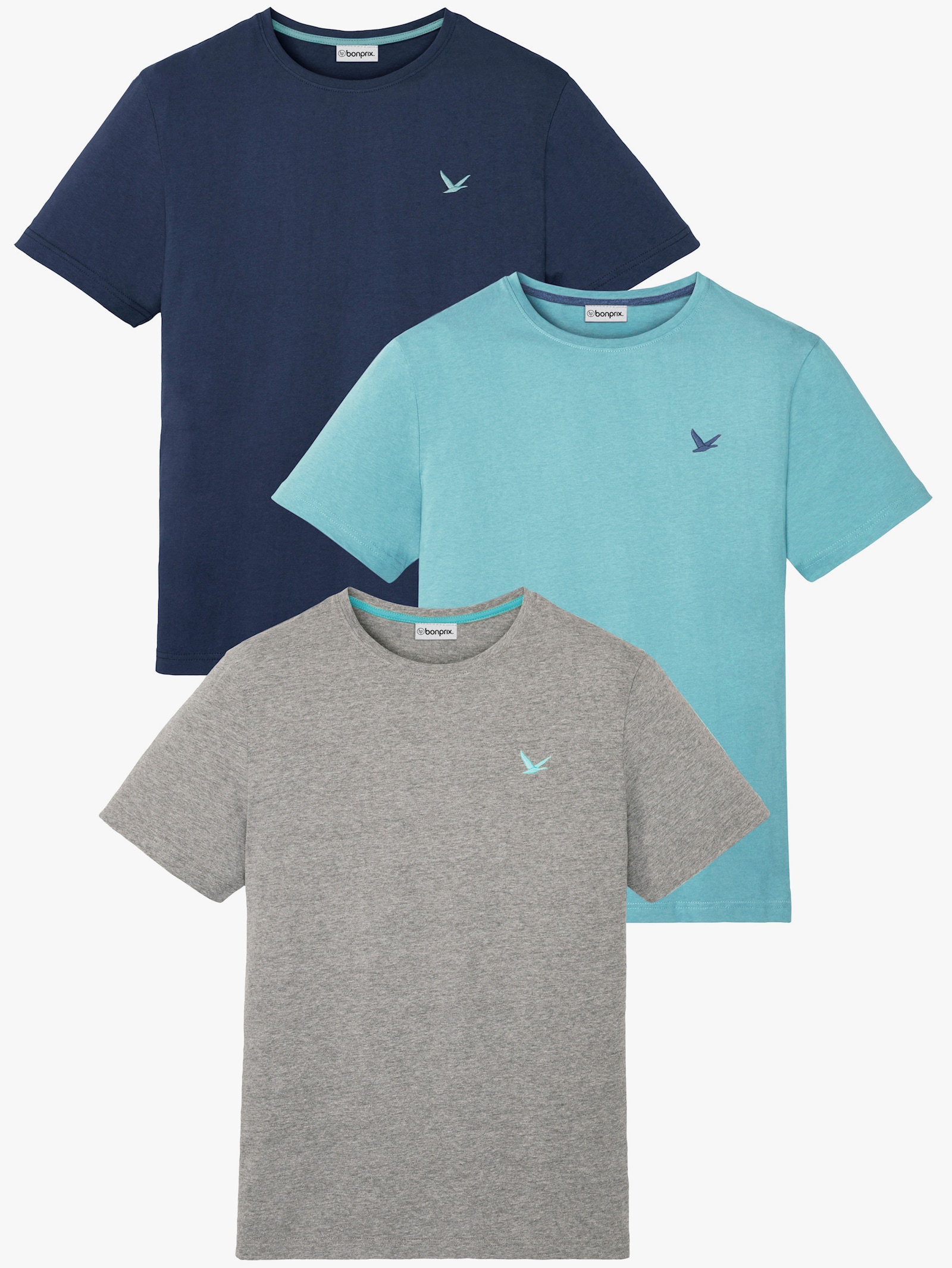 T-Shirt im 3er-Pack - dunkelblau + steingrau + aquamarin