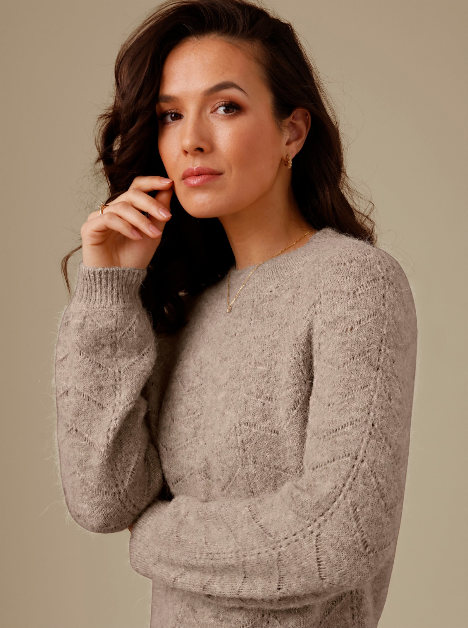 CREATION L PREMIUM Ajourpullover mit Alpakawolle - ecru-sesam