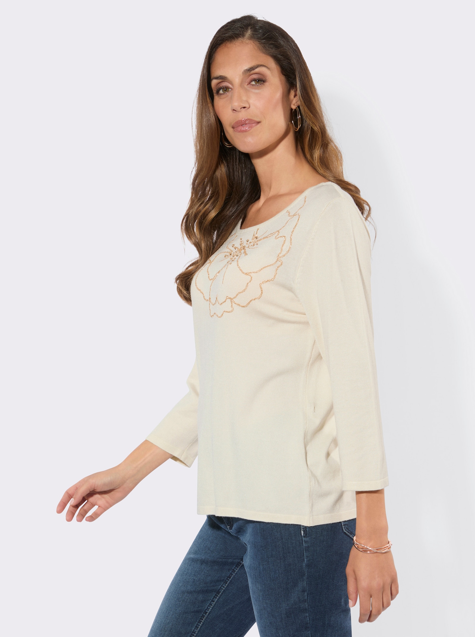 Feinstrickpullover mit Blütenmotiv - champagner