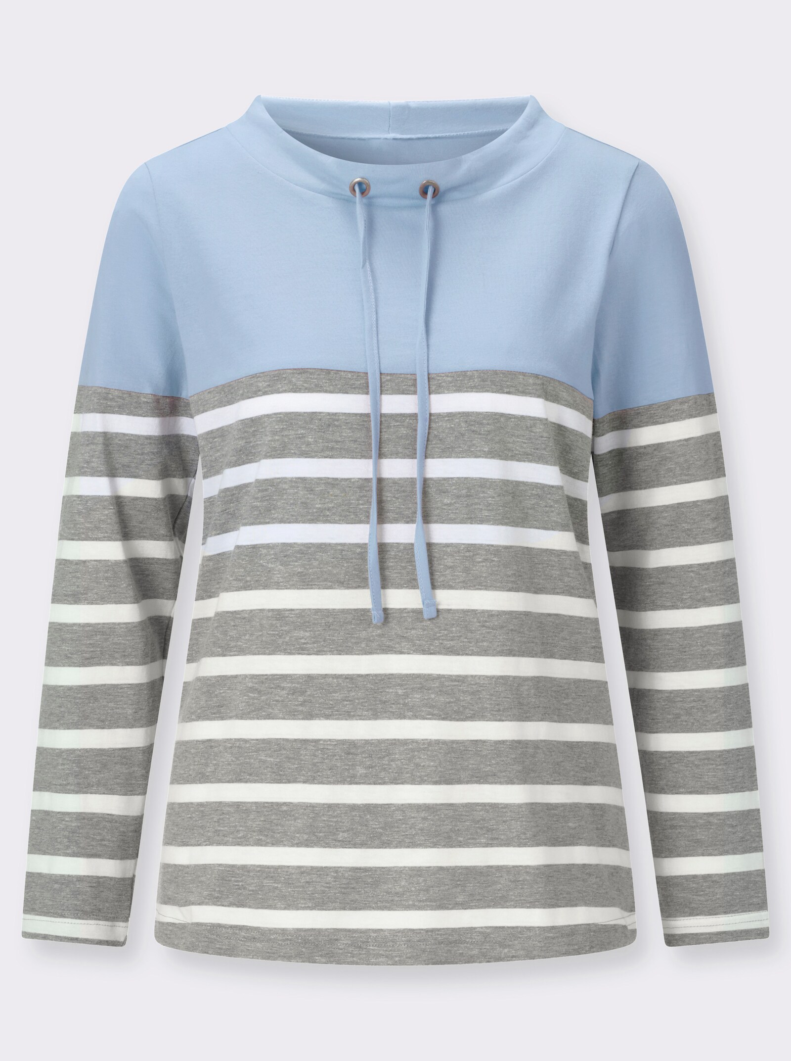  Stehkragenshirt mit Colour-Blocking - eisblau-grau-geringelt