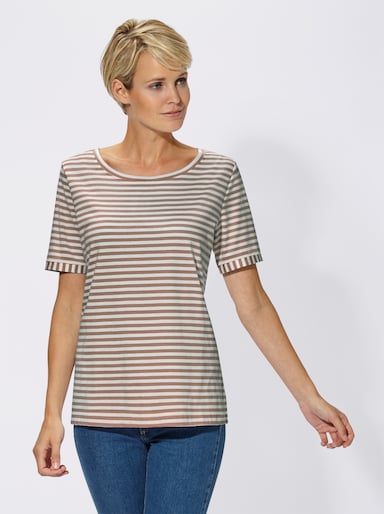 Rundhalsshirt - taupe-gestreift