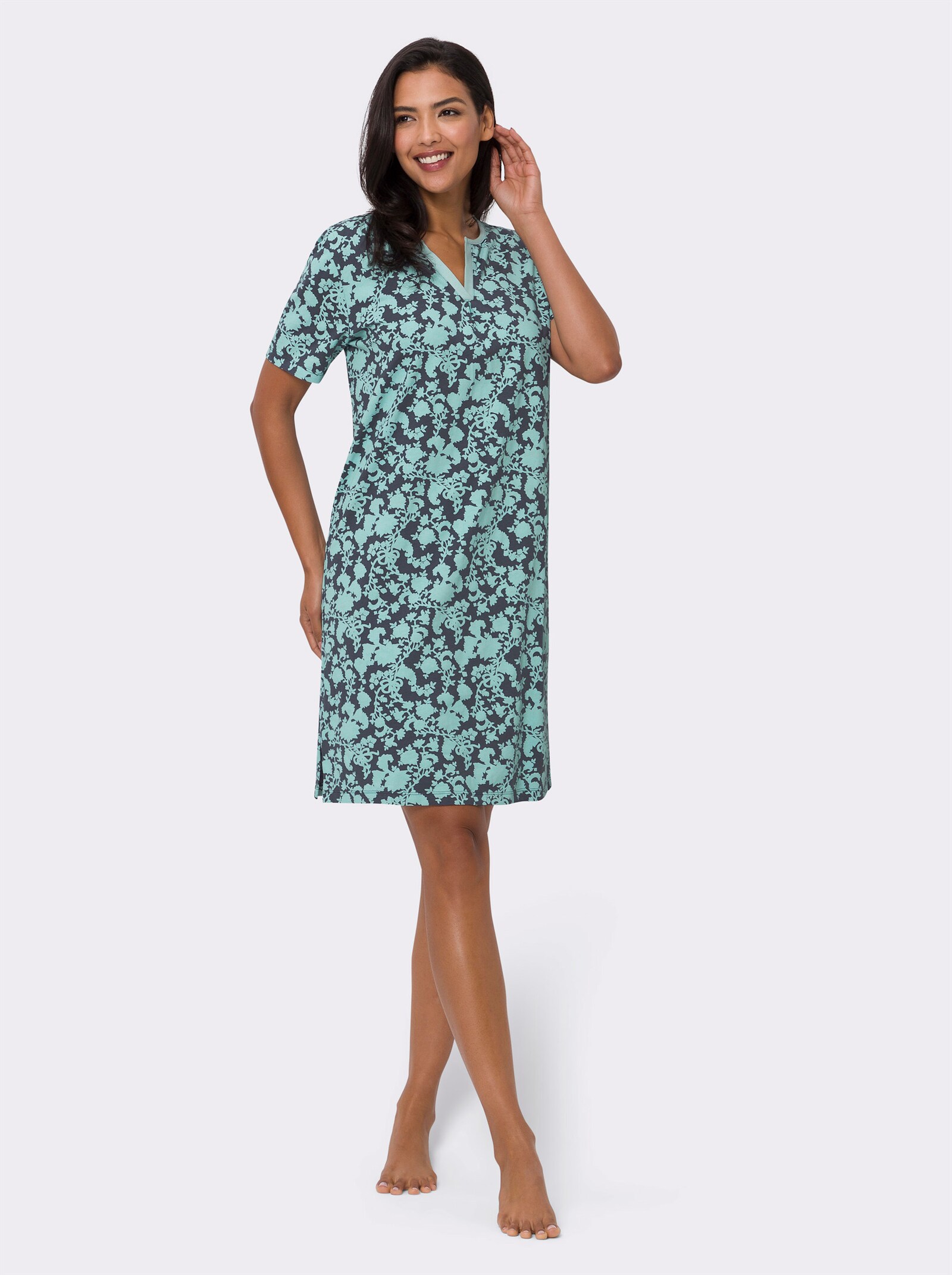 Nachthemd aus Single Jersey - rauchblau-mint-bedruckt