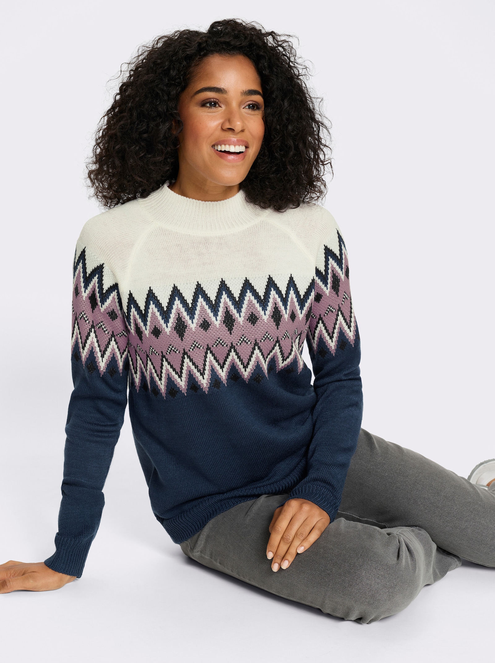 Pullover met lange mouwen en Noors patroon - donkerblauw/mauve gedessineerd