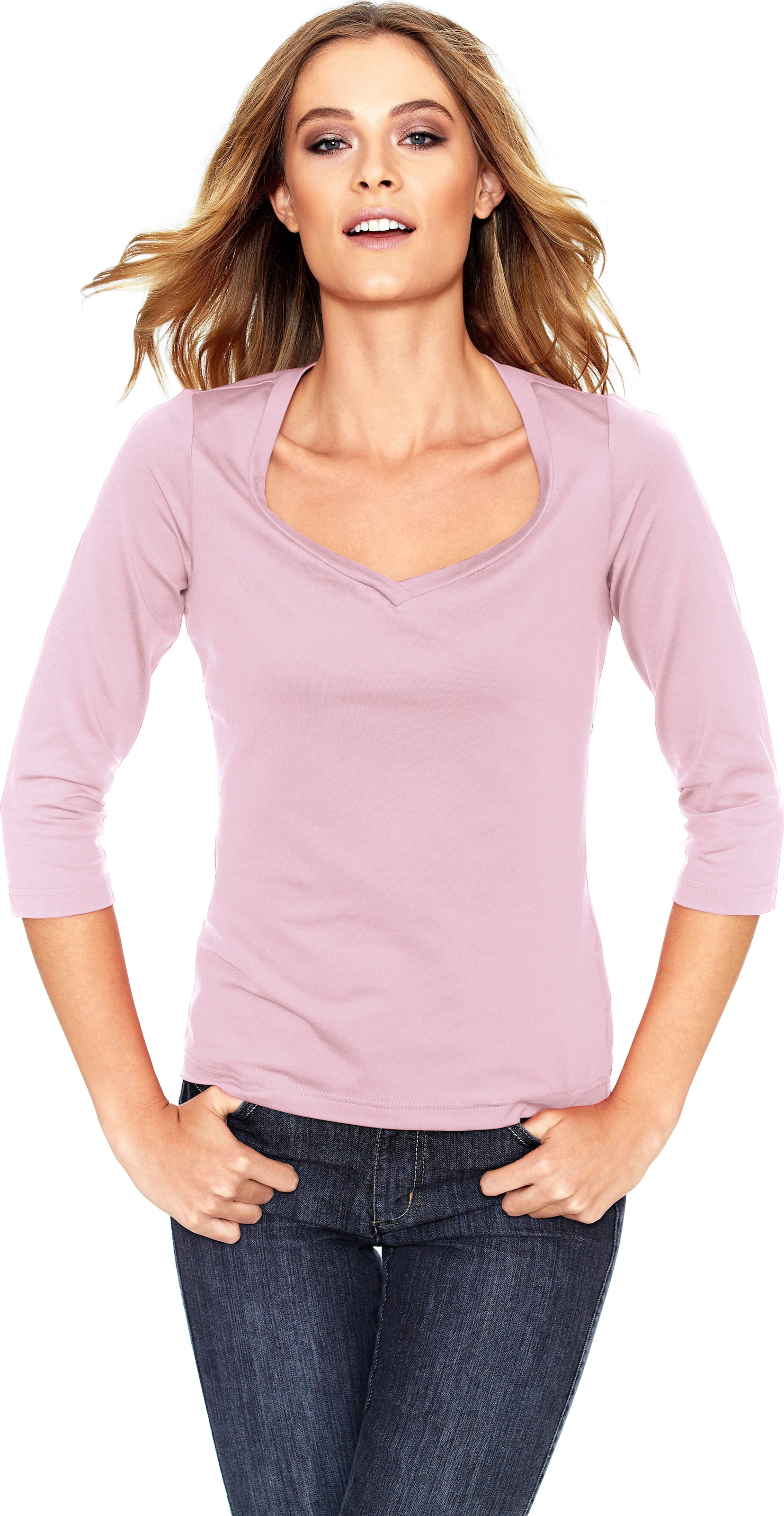 Mit Herz günstig Kaufen-Shirt in rosé von heine. Shirt in rosé von heine <![CDATA[Shirt Femininer Kombi-Style aus Tactel, in angenehmer Stretch-Qualität. Mit hoher Farbbrillanz und leichtem Glanz. Figurbetont, mit Herzausschnitt und 3/4-Arm.]]>. 