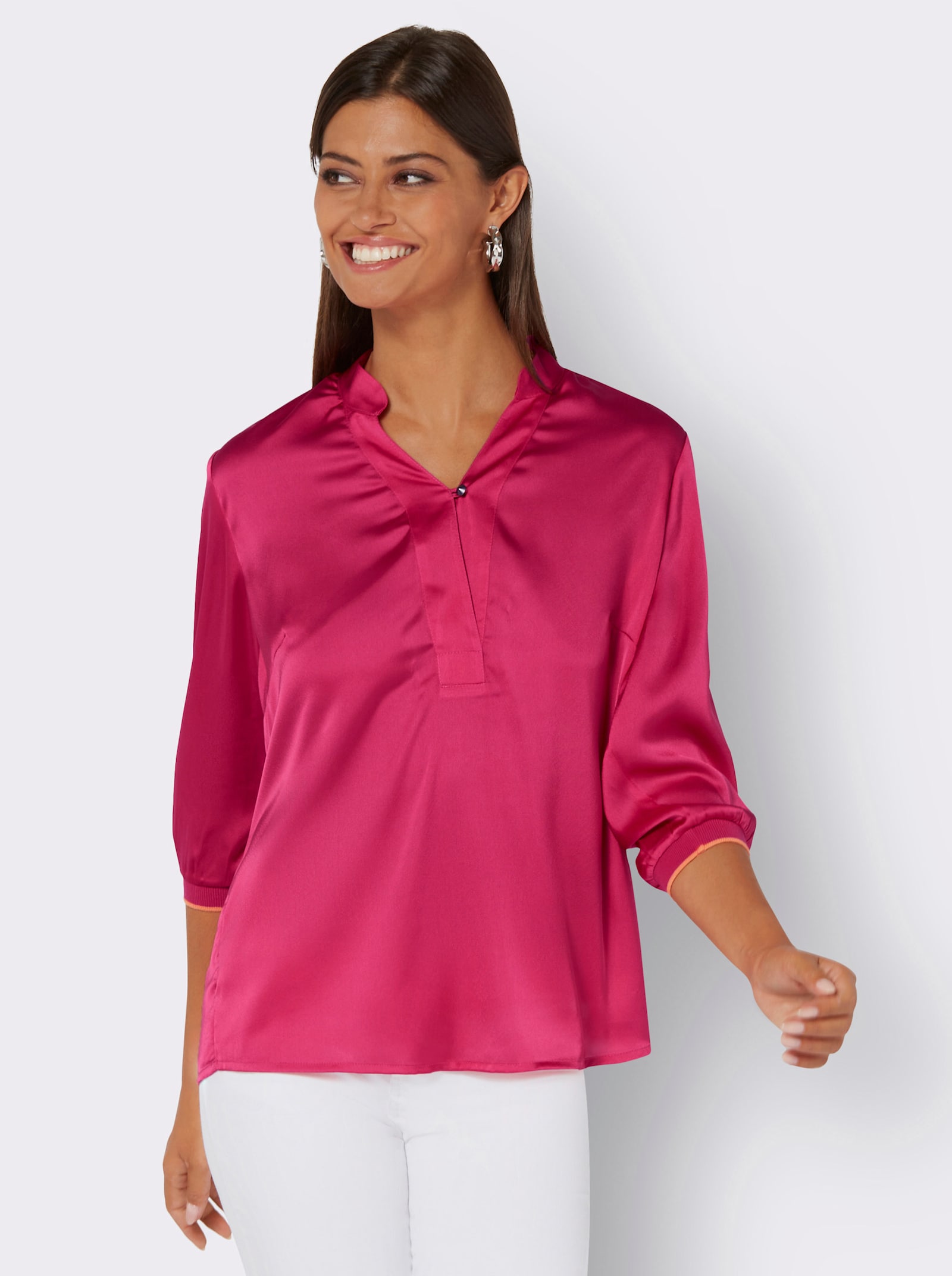 Bluse mit Stehkragen und 3/4-Arm - pink