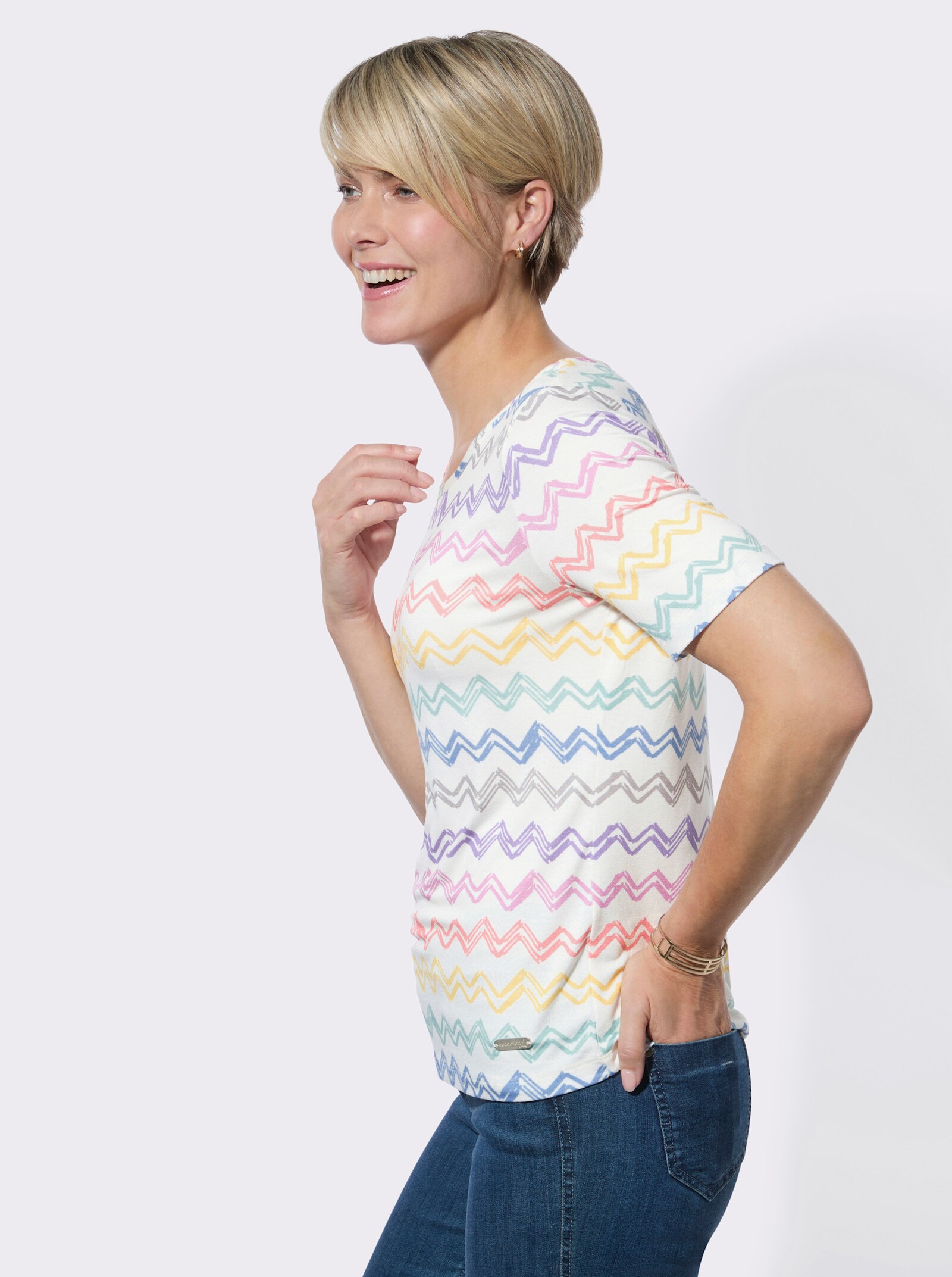 Rundhalsshirt mit Stretch-Anteil - orchidee-zitrone-bedruckt