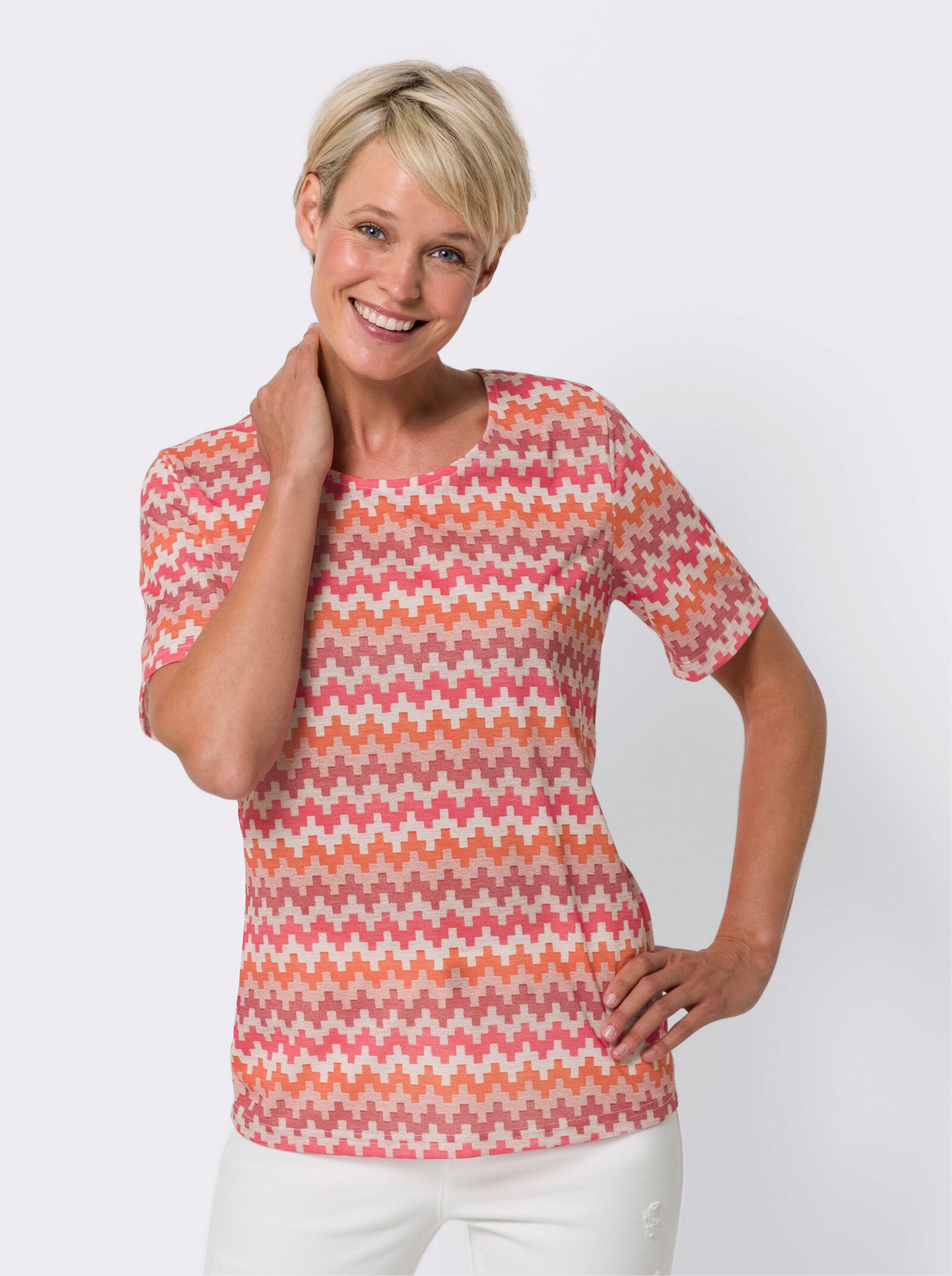 Shirt met korte mouwen en zigzagpatroon, onderhoudsarm - langoustine/oranje bedrukt