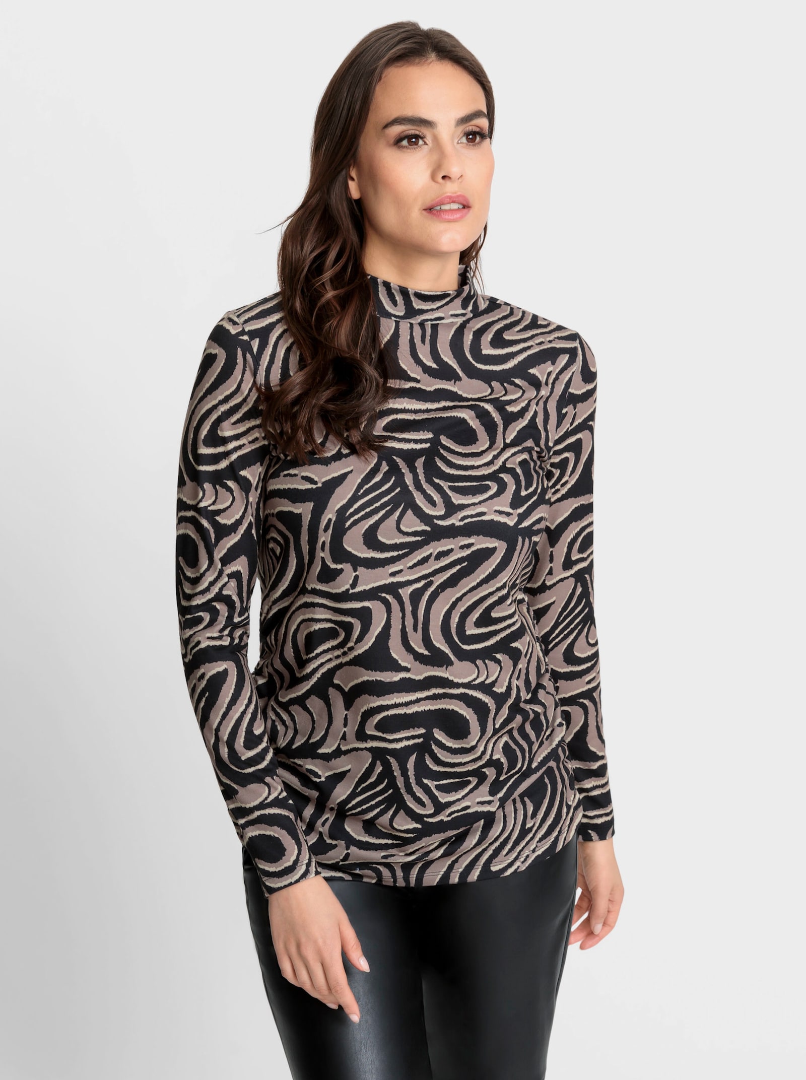 heine Stehkragenshirt mit Raffungen - taupe-sand-bedruckt