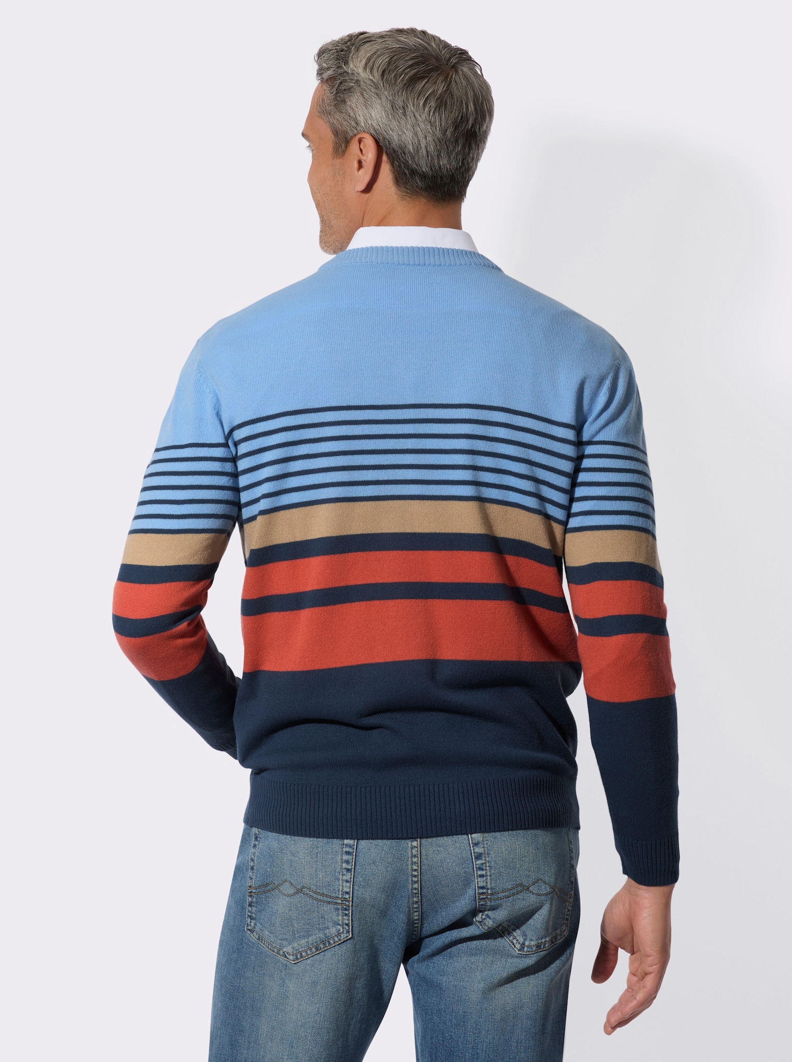 V-Ausschnitt-Pullover mit Streifen-Muster - himmelblau-terra-geringelt