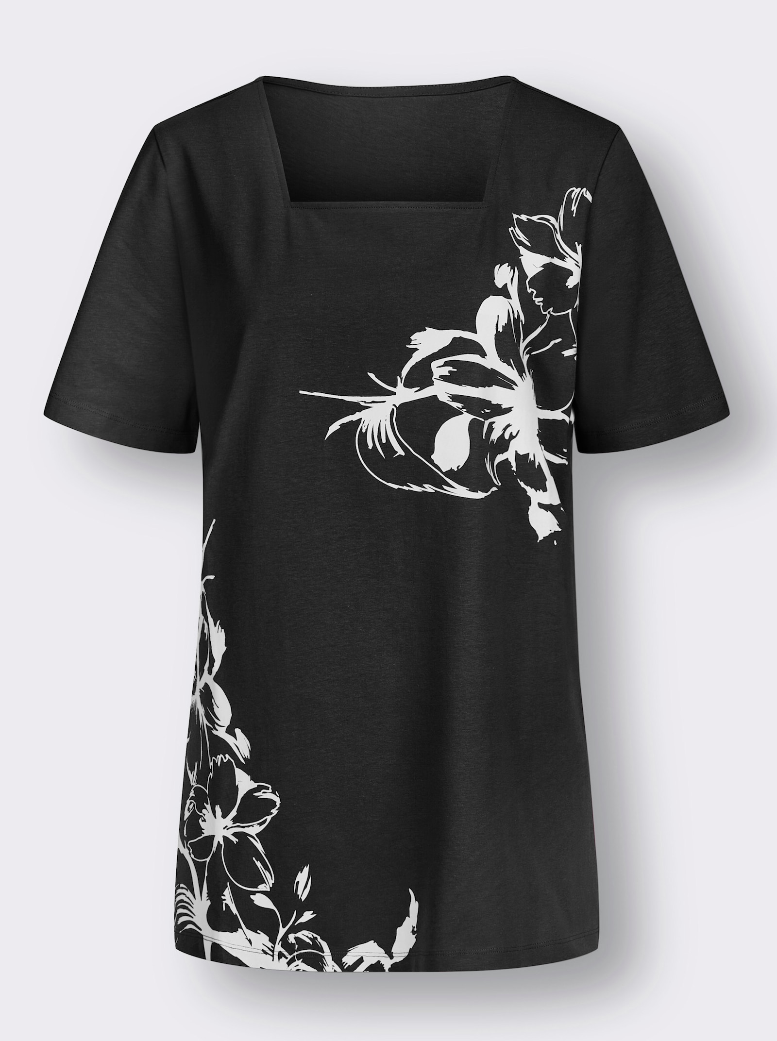 Longshirt mit Karree-Ausschnitt, floral - schwarz-weiß