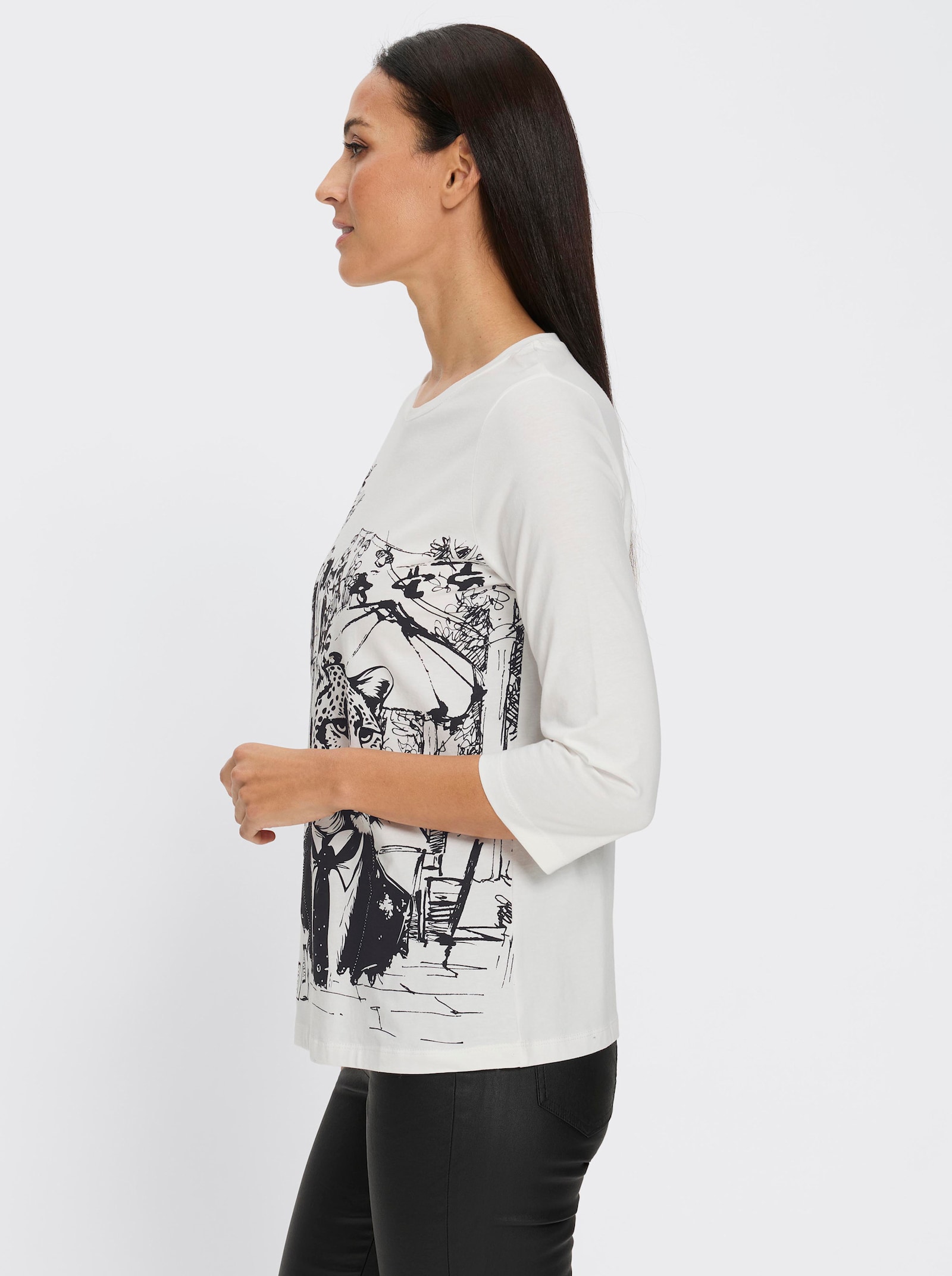 heine 3/4-Arm-Shirt mit Ziersteinen - ecru-schwarz-bedruckt