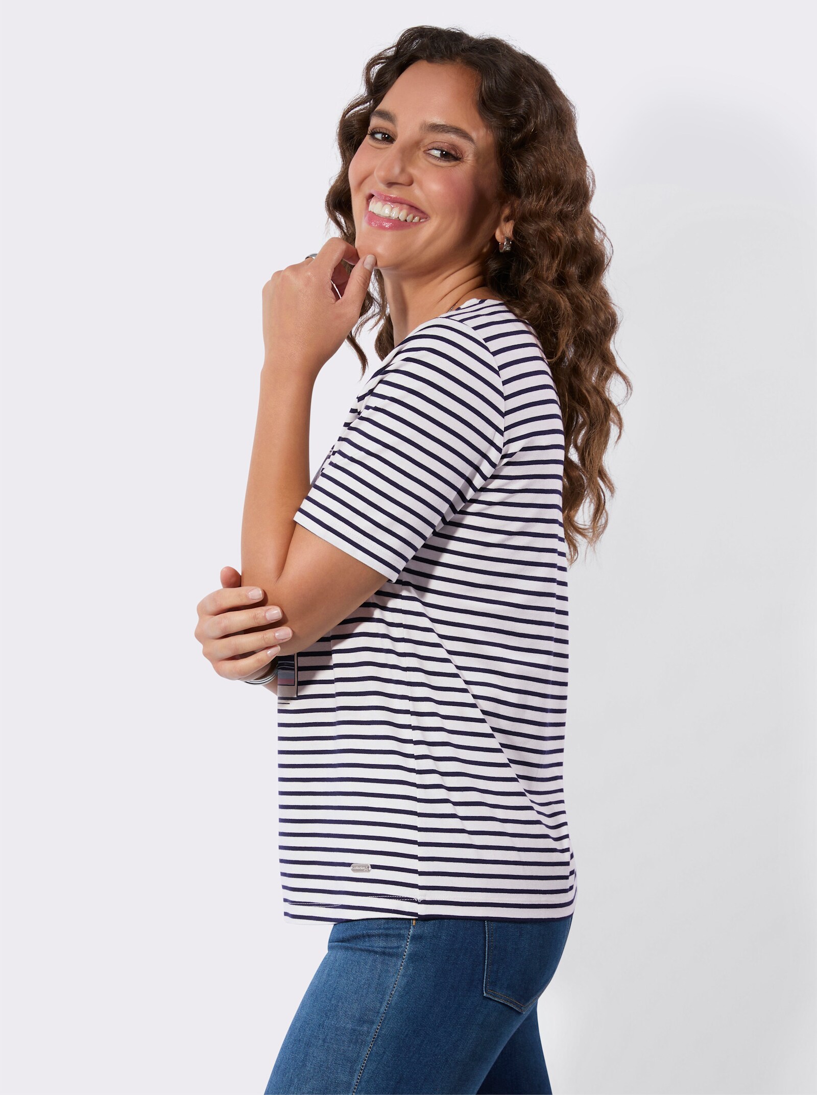 Ringelshirt mit platziertem Druck - ecru-marine-bedruckt