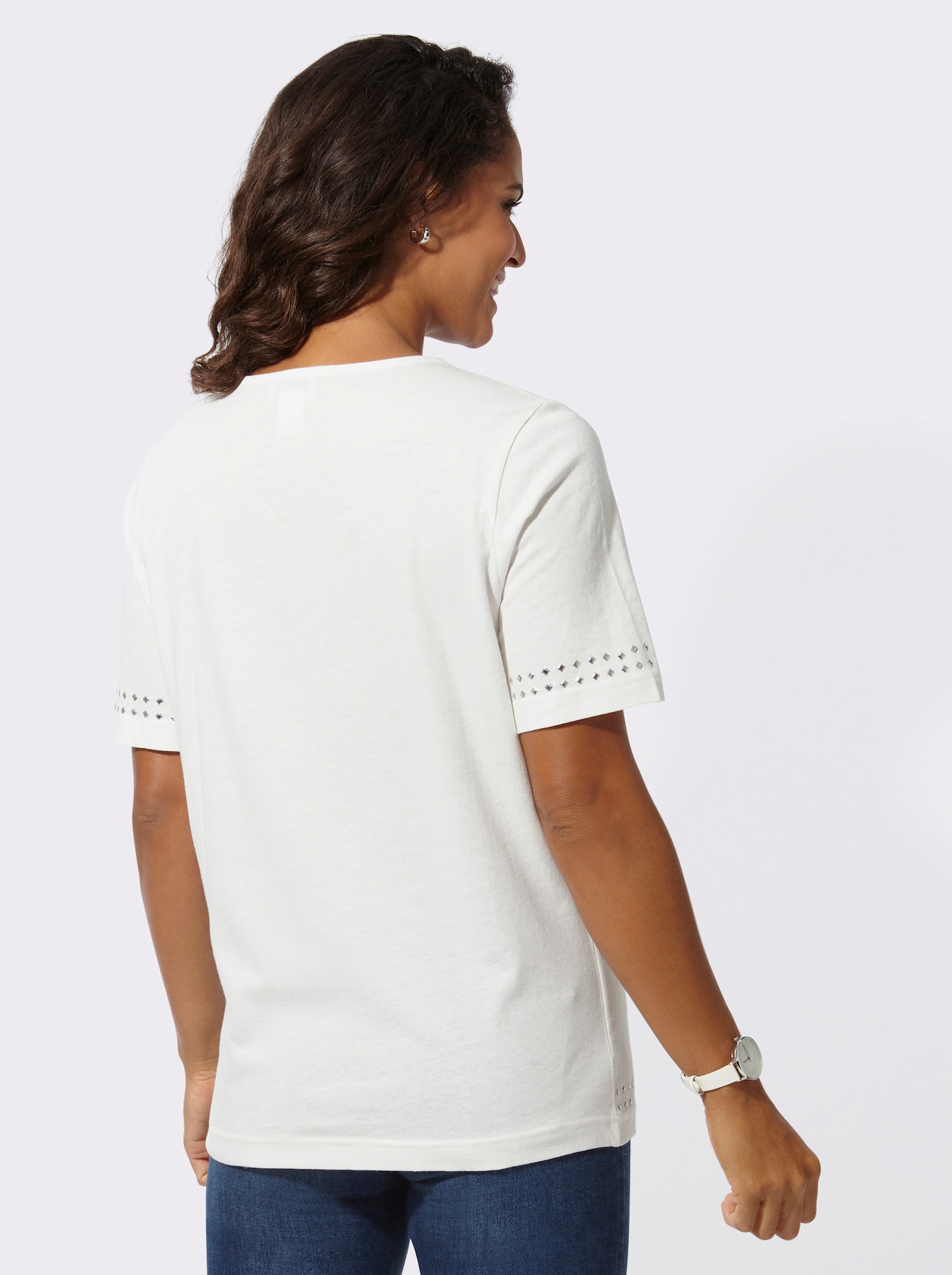 Shirt met korte mouwen en metalen siersteentjes - ecru