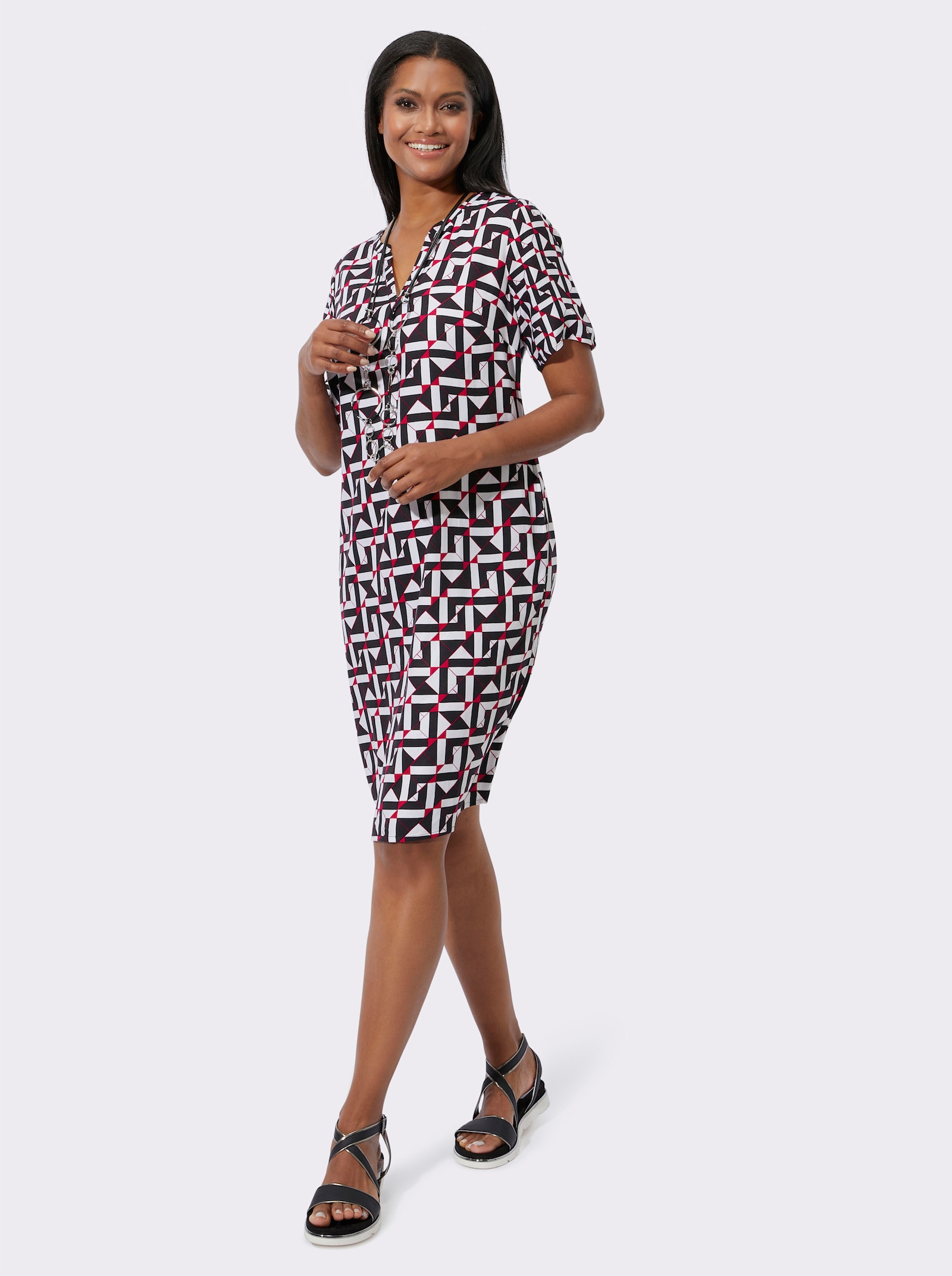 Druckkleid in Viskose-Web-Qualität - schwarz-rot-bedruckt