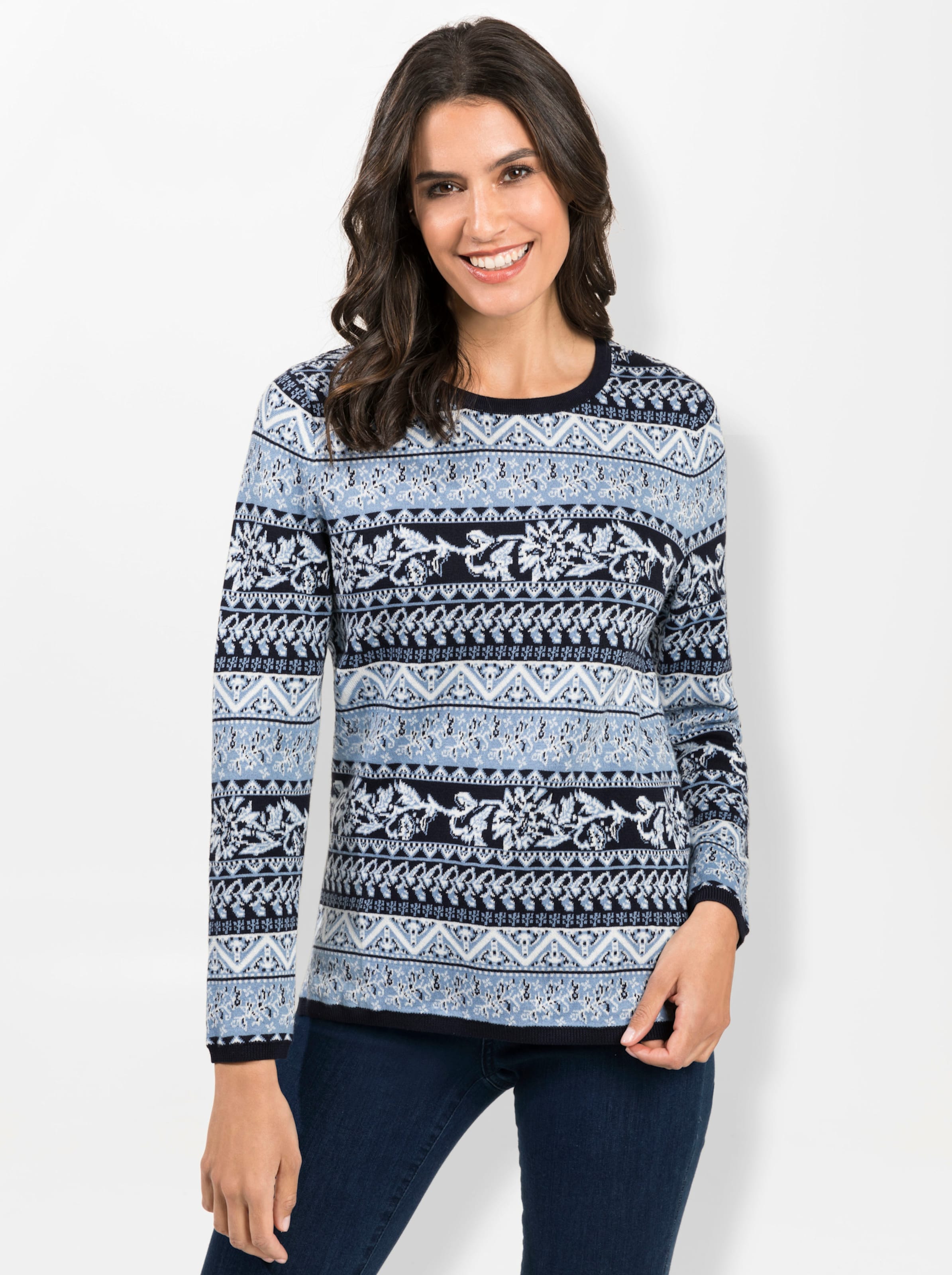 Sheego Damen Marine-Bleu-Gemustert Jacquardpullover - Bild 3