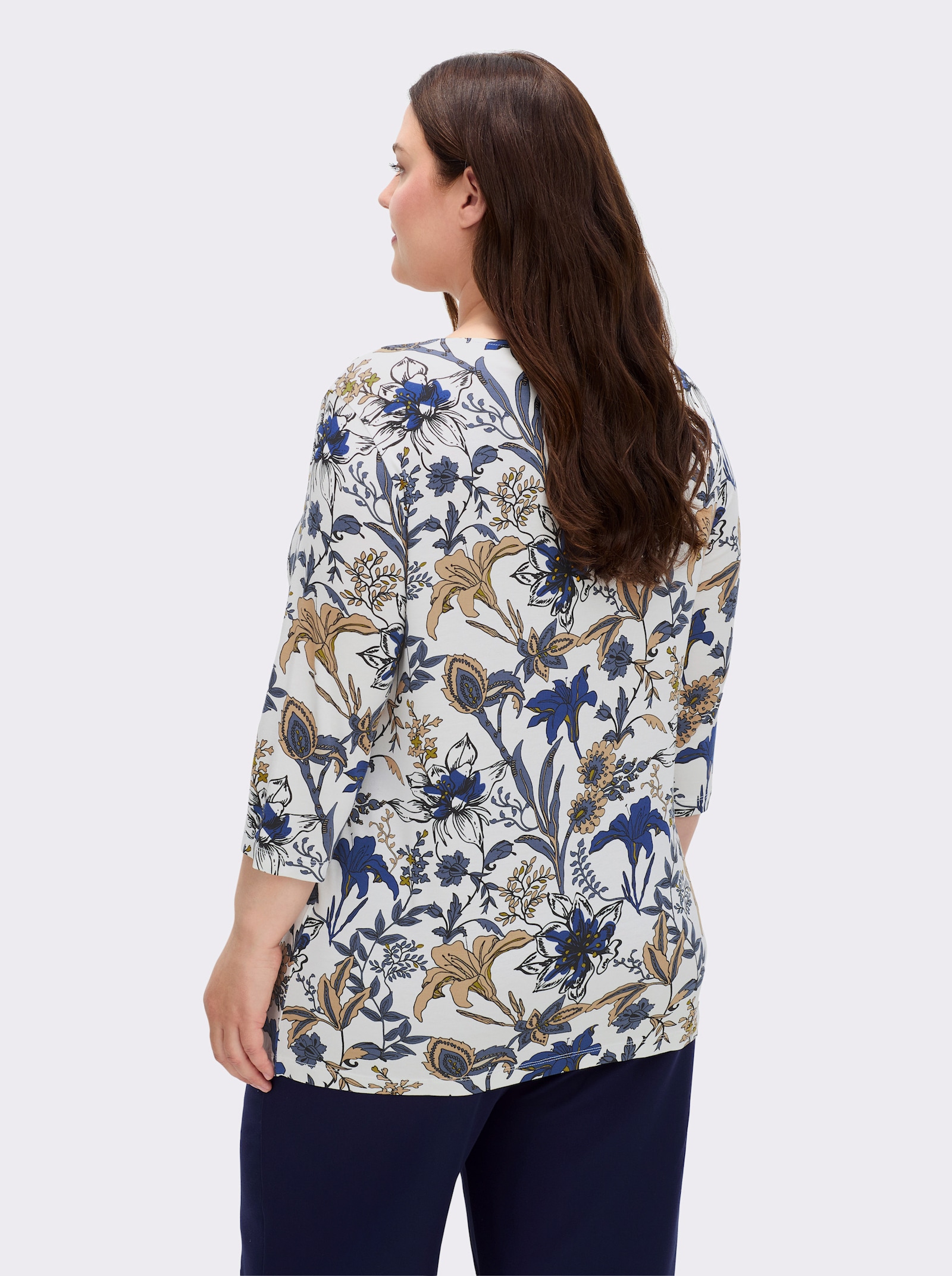 Print-Shirt mit 3/4-Ärmeln - ecru-royalblau-bedruckt