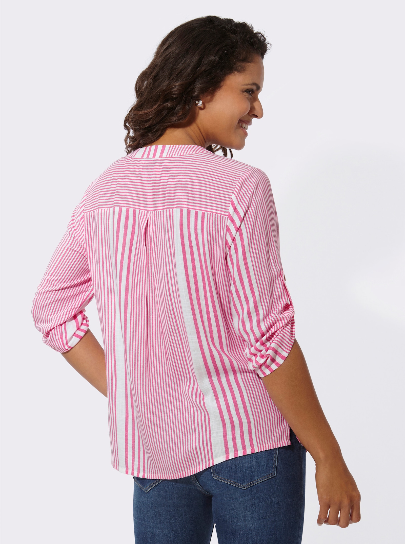 Gestreifte Bluse mit Seitenschlitzen - fuchsia-weiss-gestreift