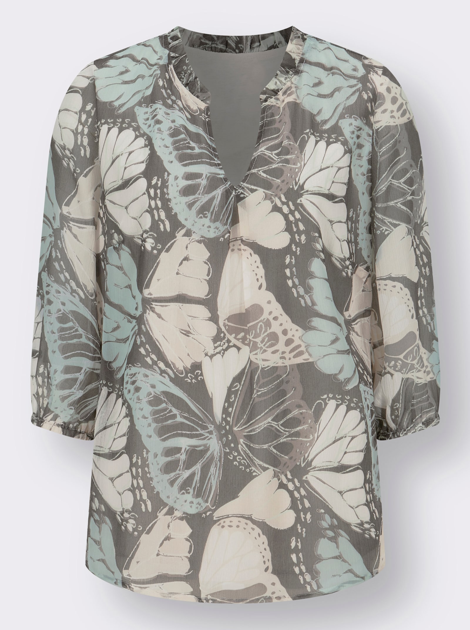 Druckbluse mit Volant am Ausschnitt - grau-kalkmint-bedruckt