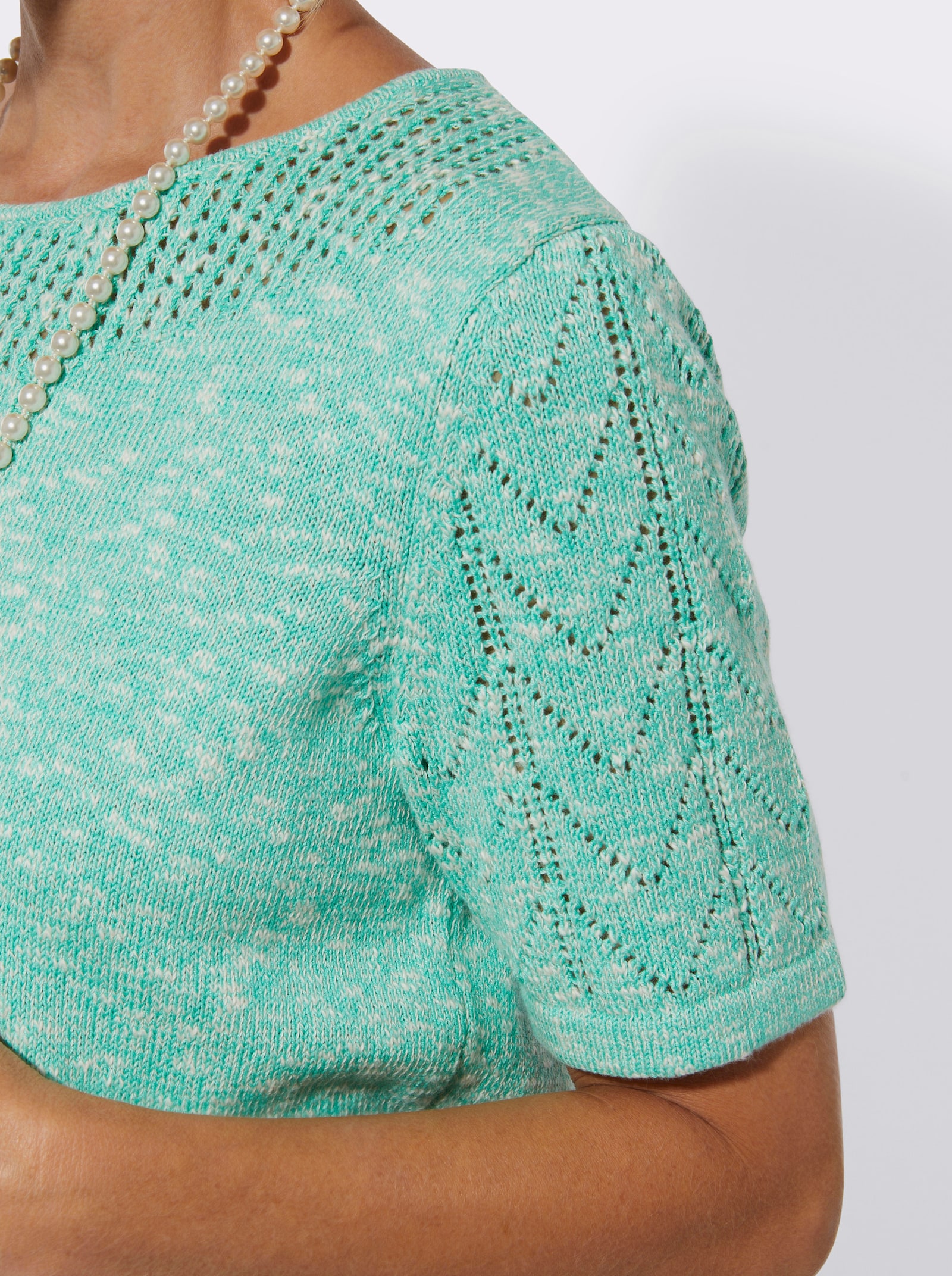 Ajourpullover in leichter Qualität - blaugrün-ecru-meliert