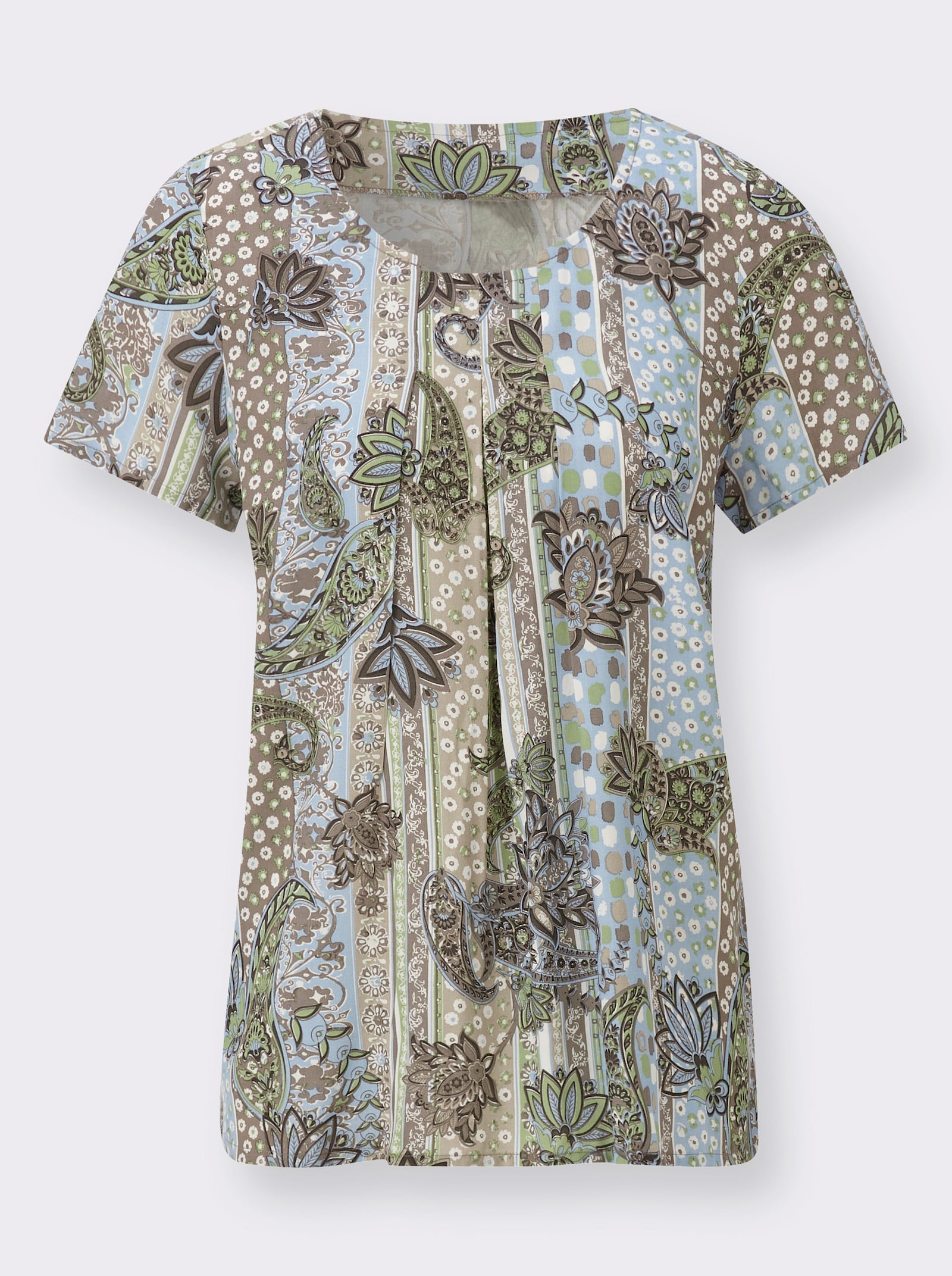 Druckbluse mit Seitenschlitzen - taupe-eucalyptus