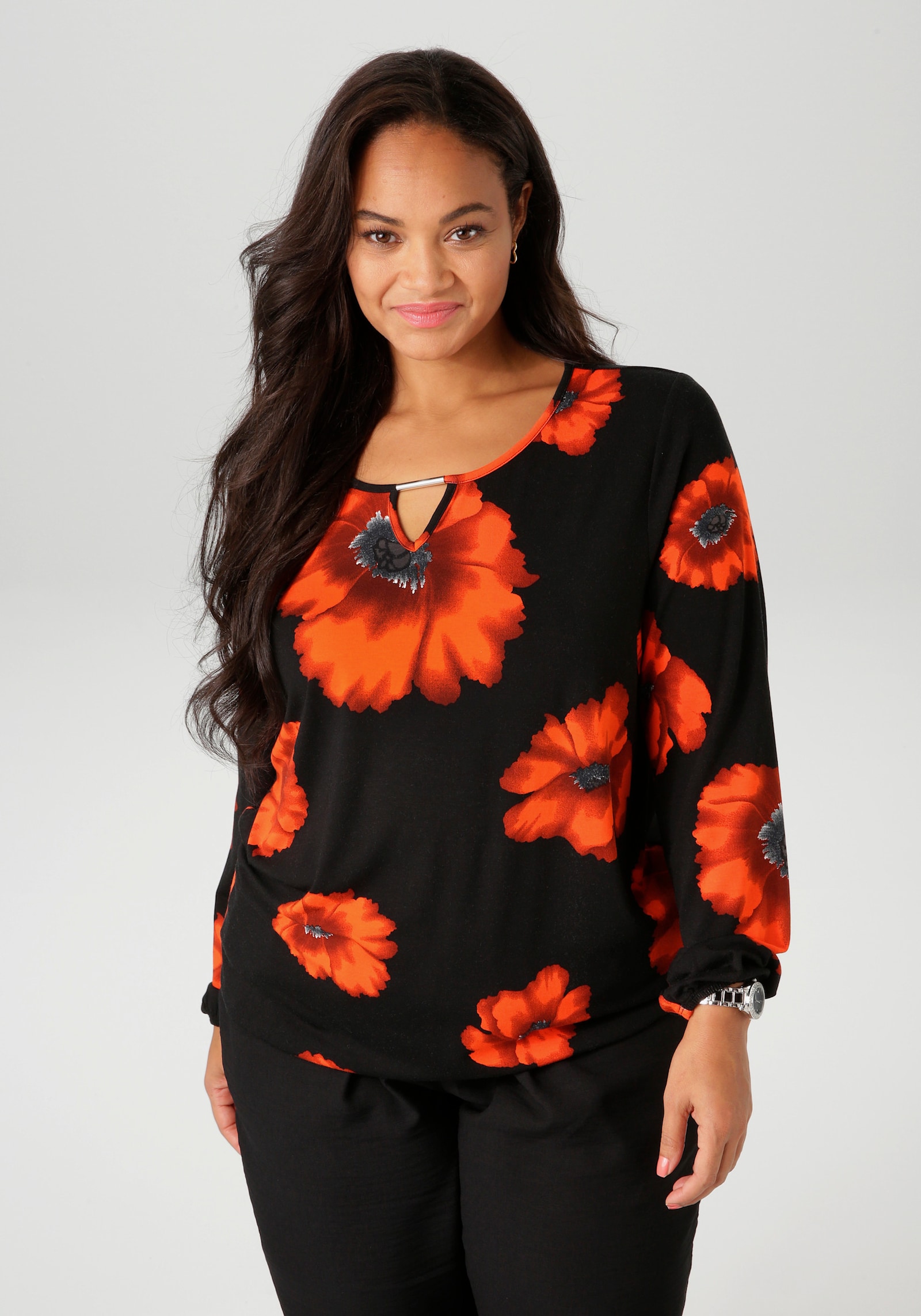 Aniston PLUS Langarmshirt - schwarz-orangerot-rostrotanthrazit-grau-weiß