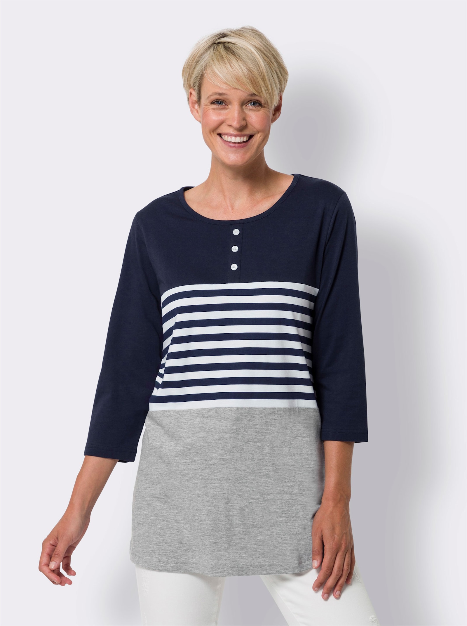 Lång topp med infällda ränder - marin-vit, tryckt