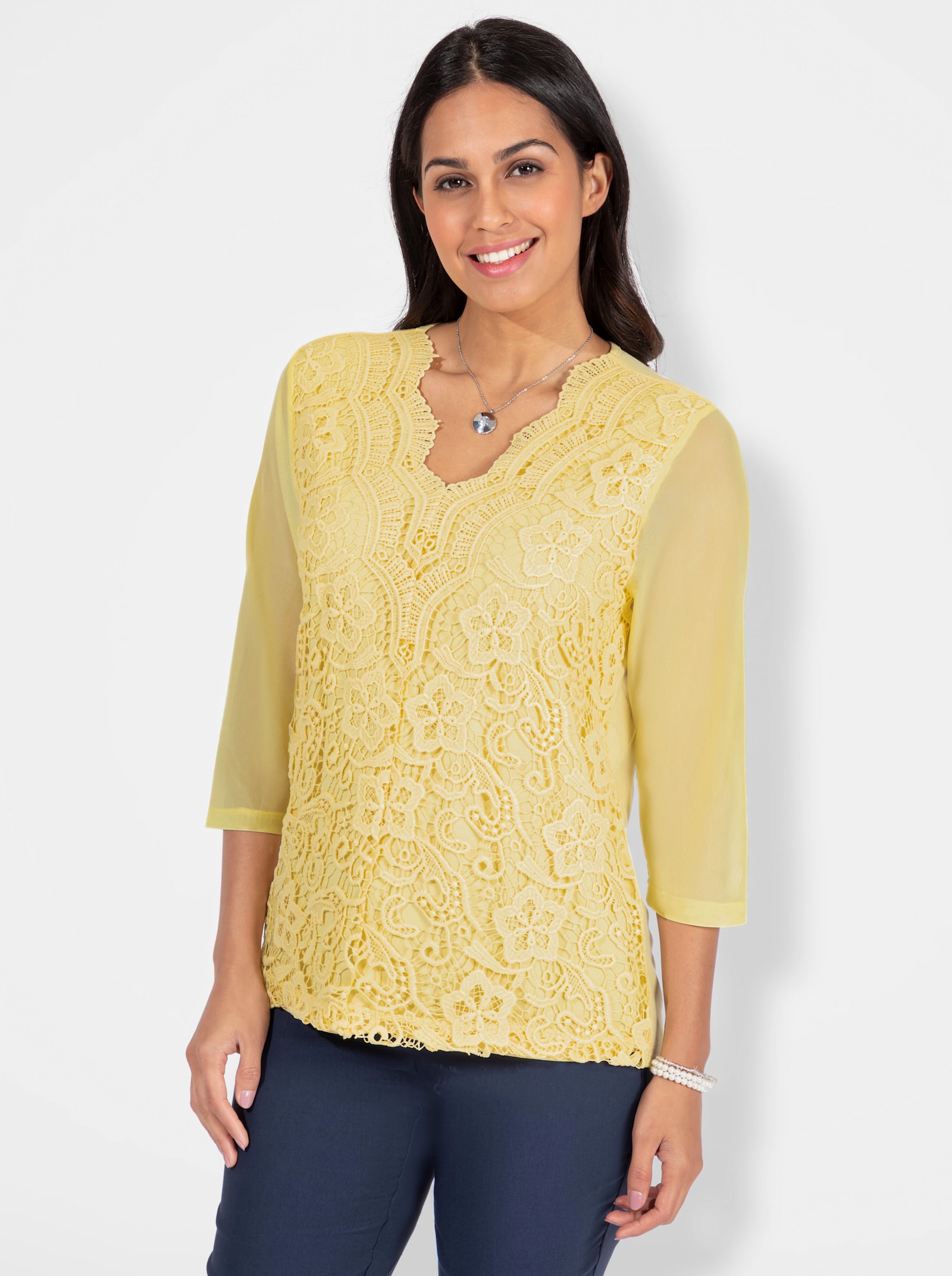 Kanten shirt, ondoorzichtig gevoerd - citroen