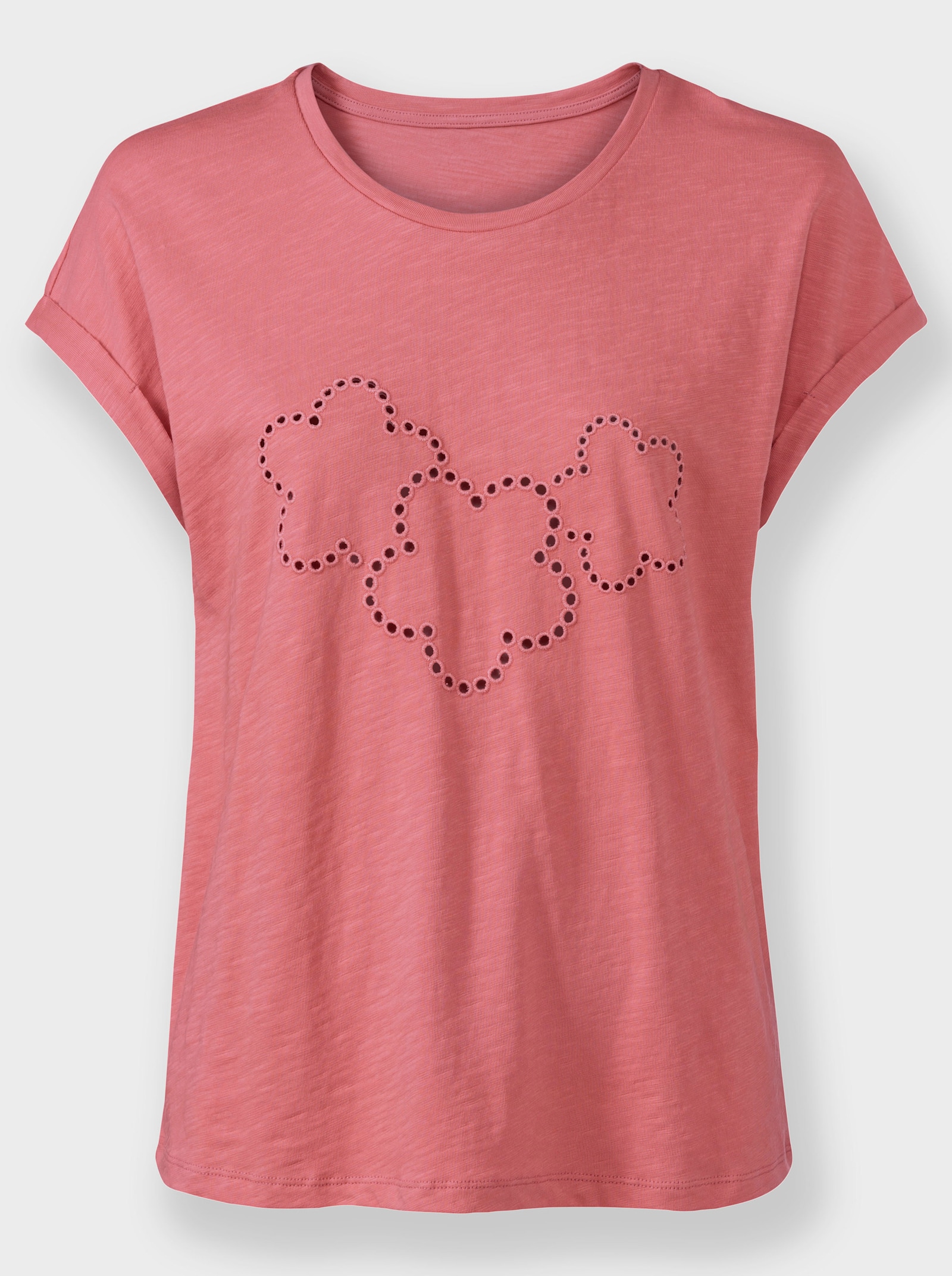 Rundhalsshirt mit Lochstickerei - flamingo