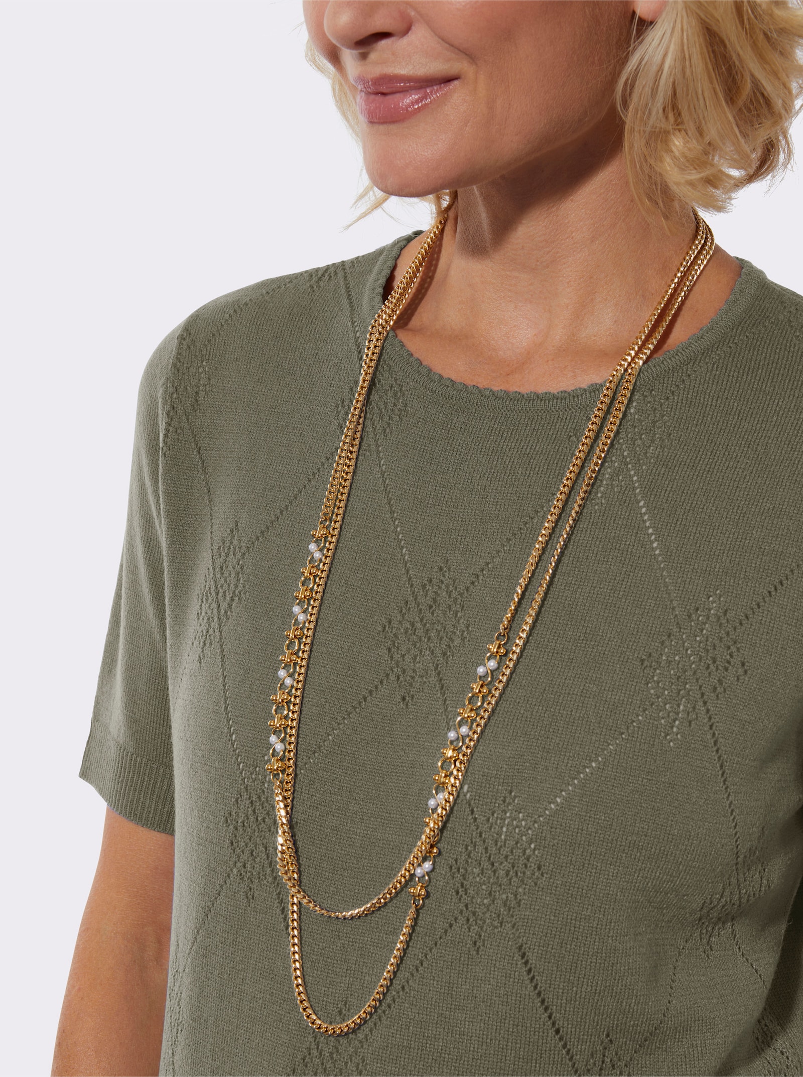 Rundhalspullover hinten glatt gestrickt - khaki