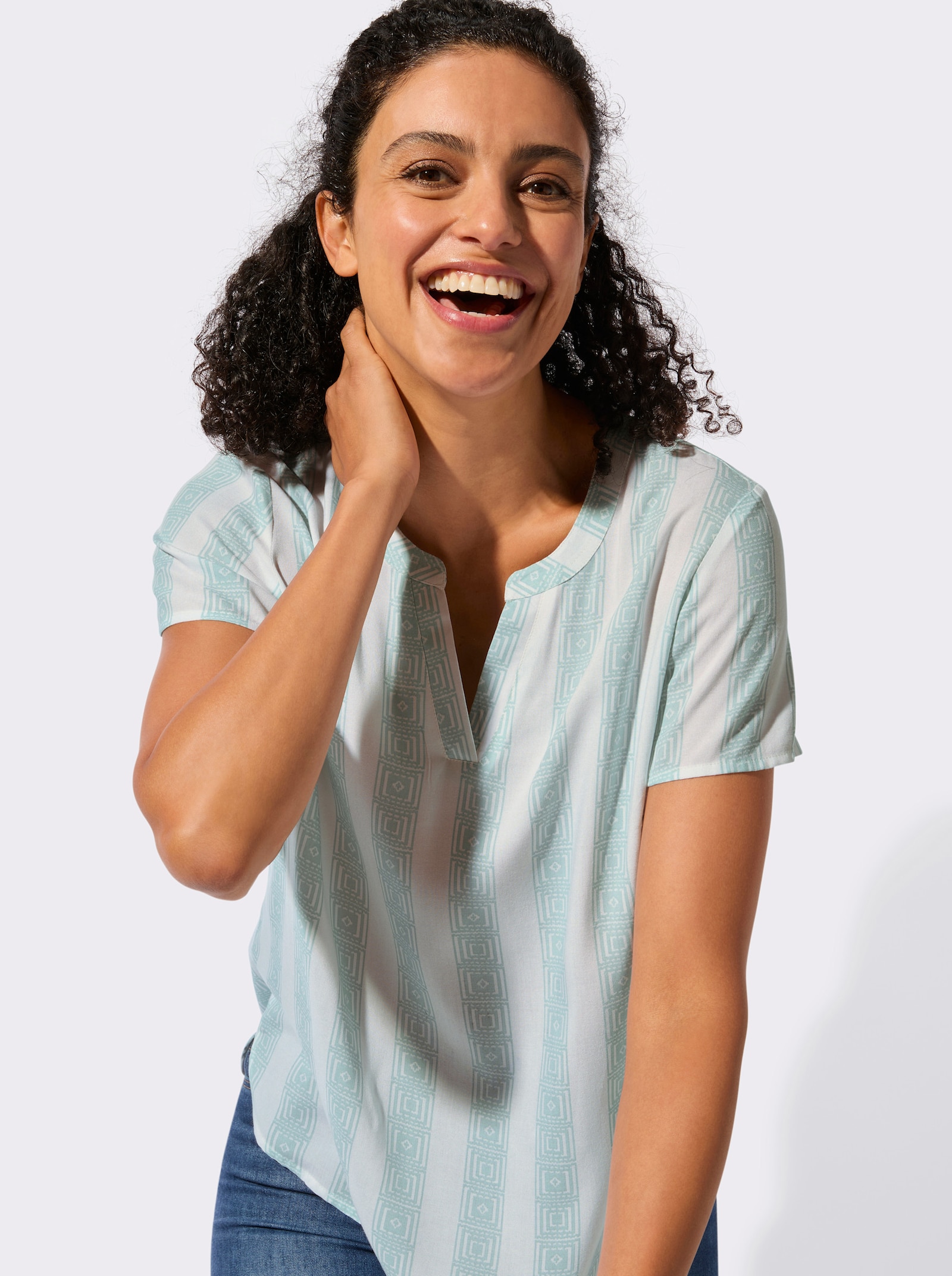 Kurzarmbluse mit Längsstreifen - kalkmint-weiß