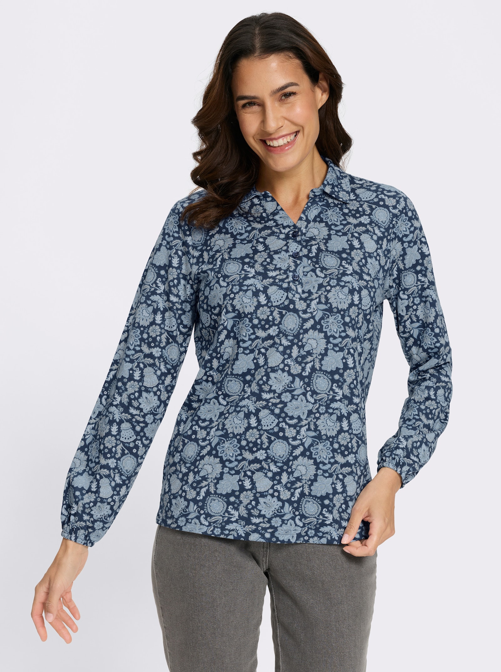 Poloshirt mit floralem Alloverprint - dunkelblau-bedruckt